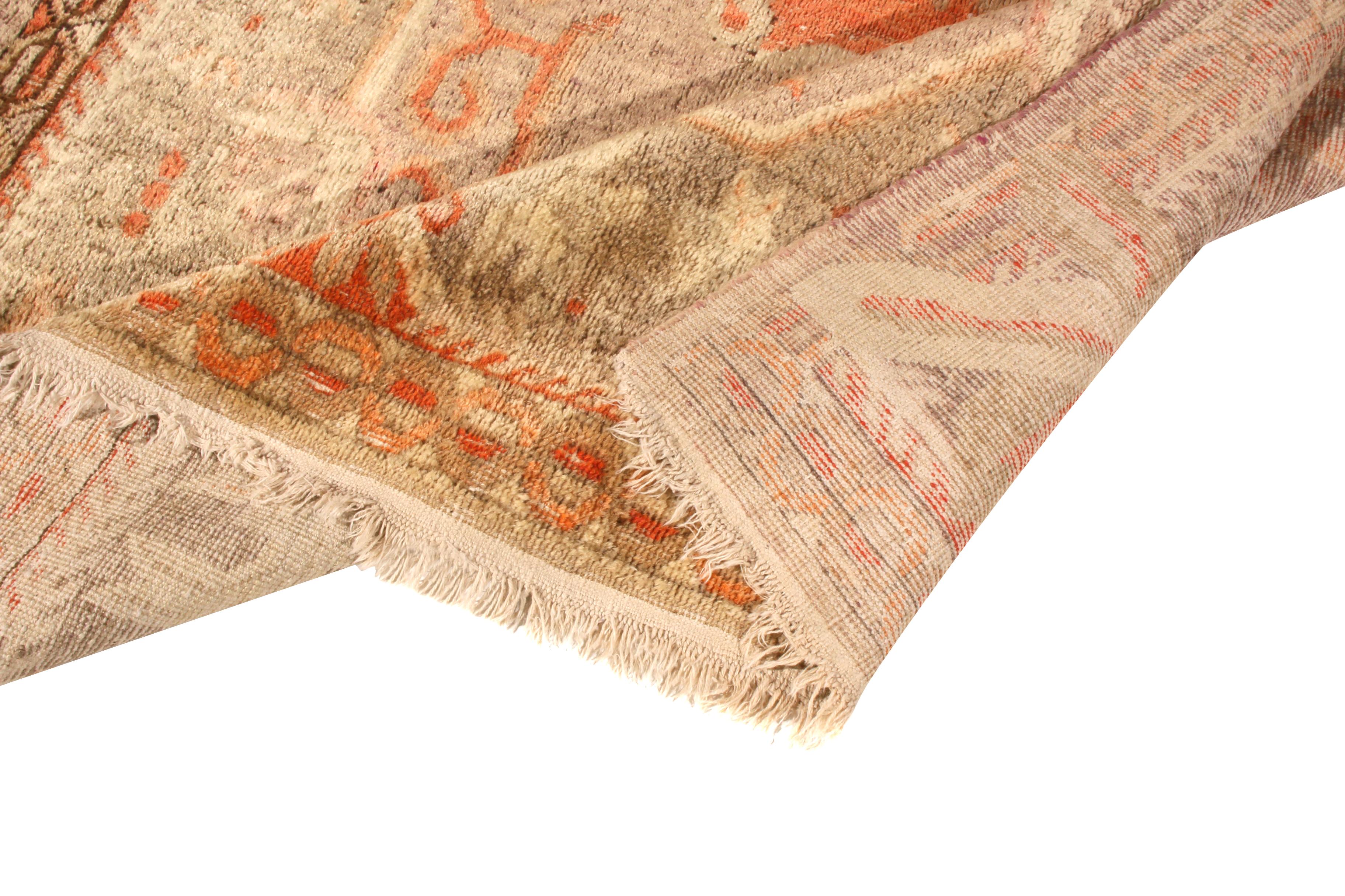 East Turkestani Antique Khotan Geometric-Floral Beige-Brown and Orange Wool Rug