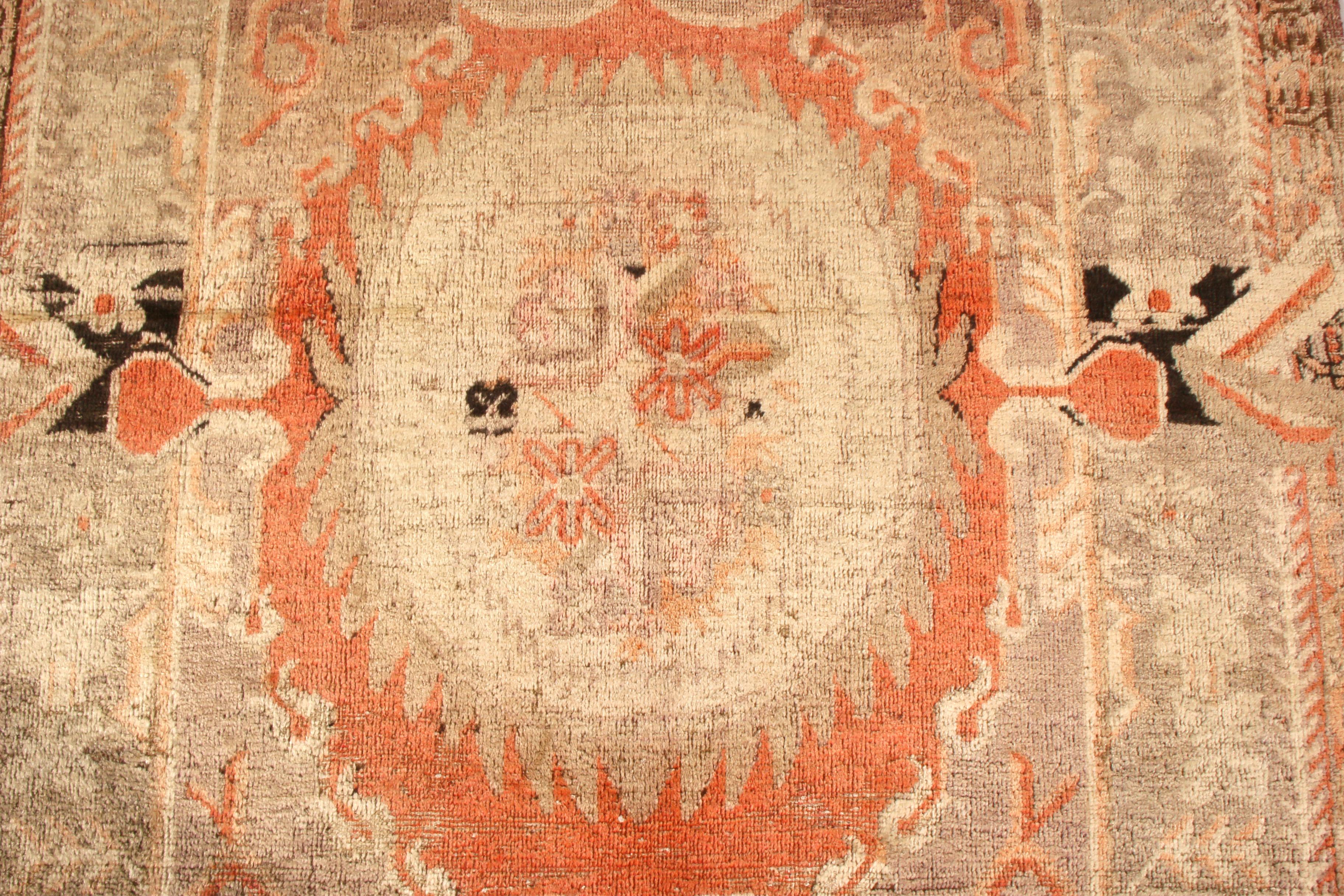 Hand-Knotted Antique Khotan Geometric-Floral Beige-Brown and Orange Wool Rug