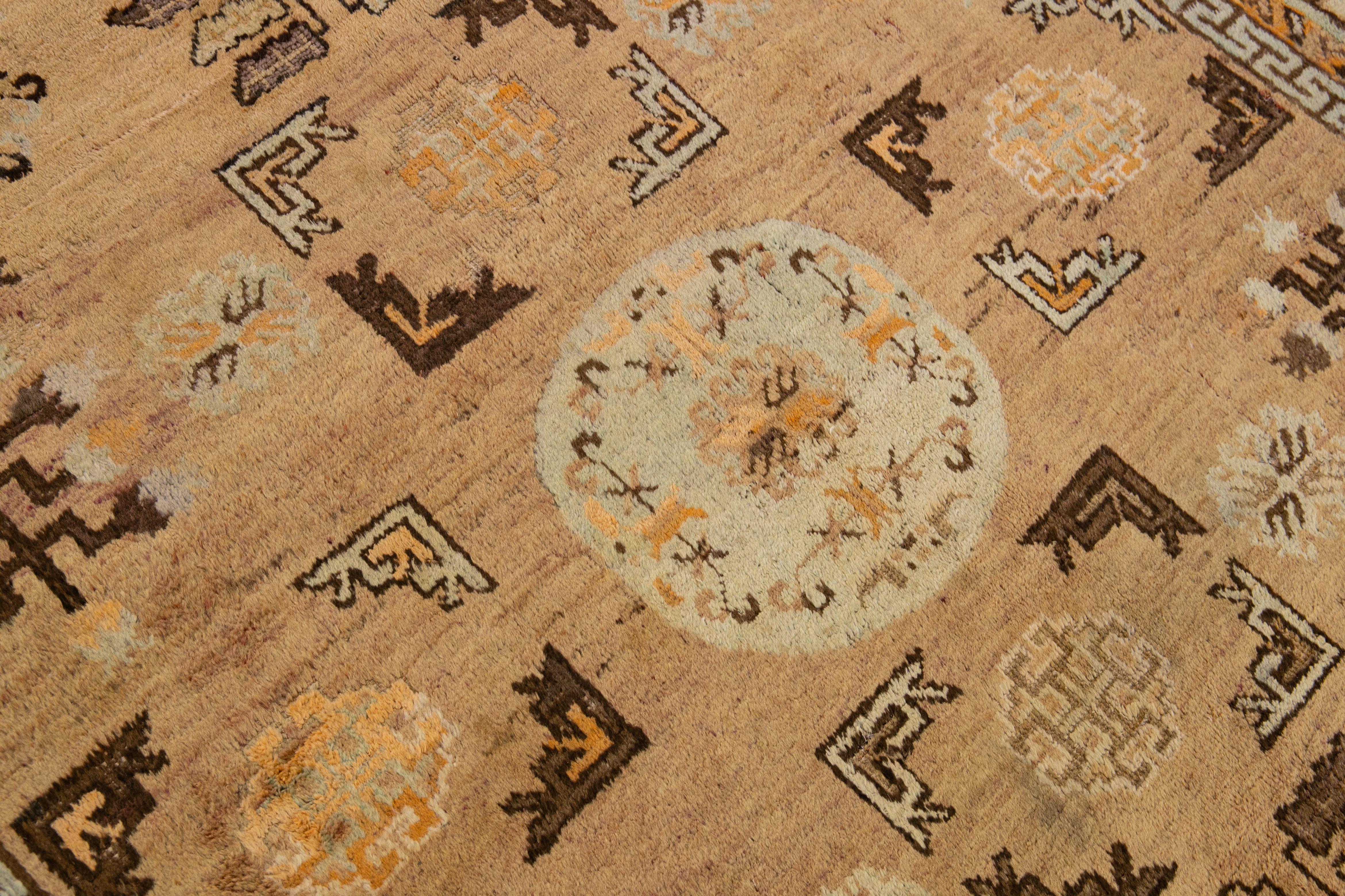 Antique Khotan Handmade Geometric Tan Wool Rug 4