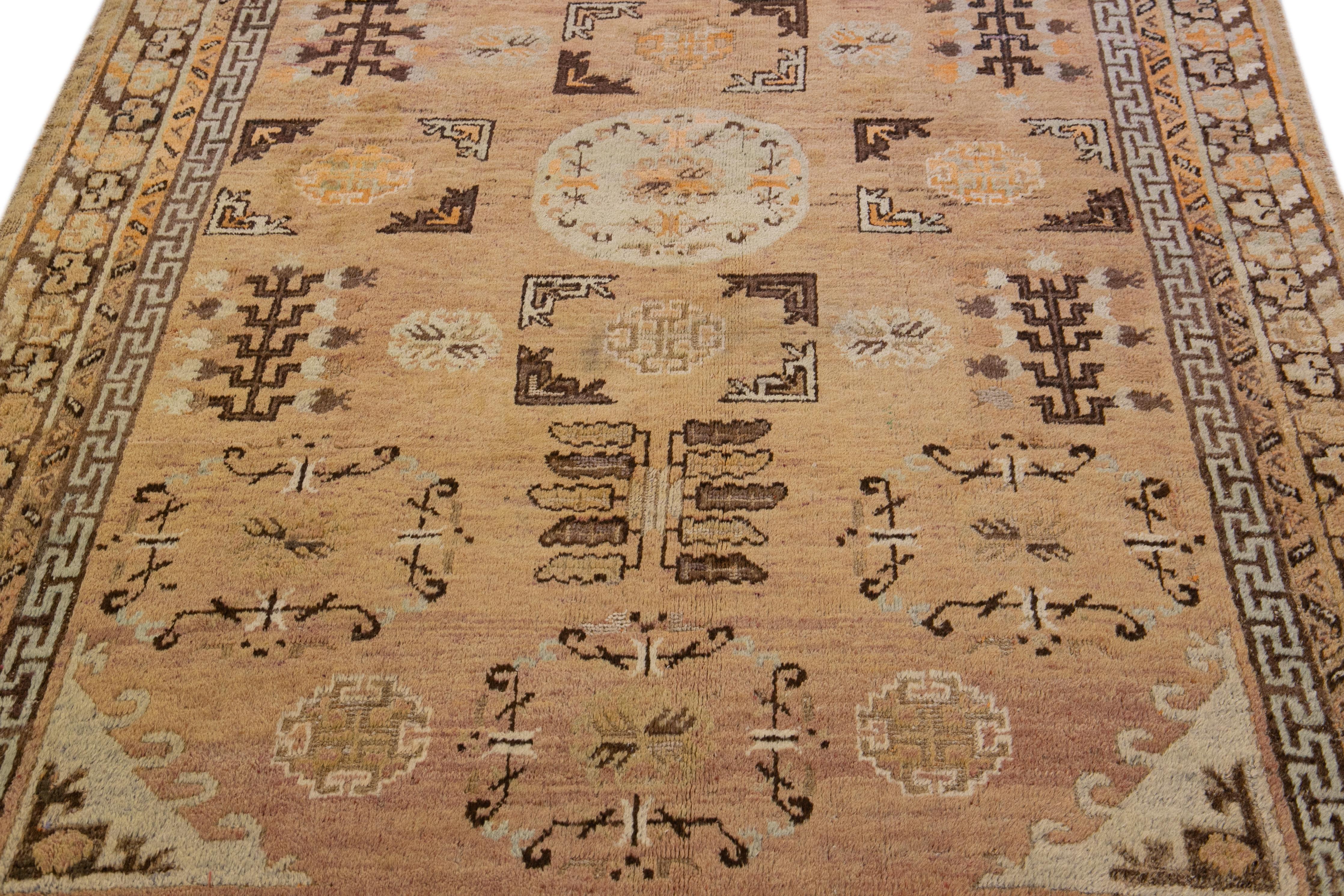 East Turkestani Antique Khotan Handmade Geometric Tan Wool Rug