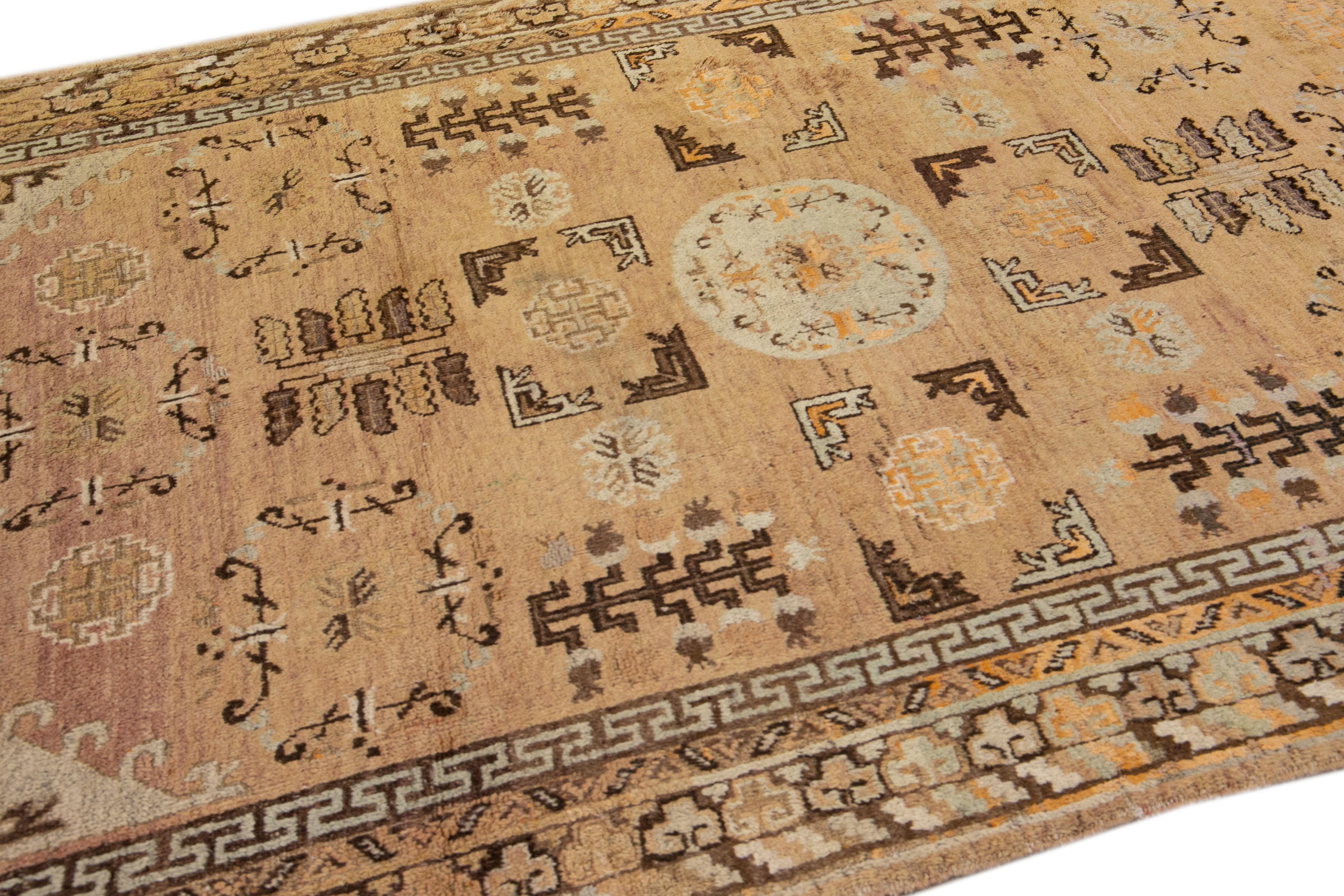 Antique Khotan Handmade Geometric Tan Wool Rug In Good Condition In Norwalk, CT
