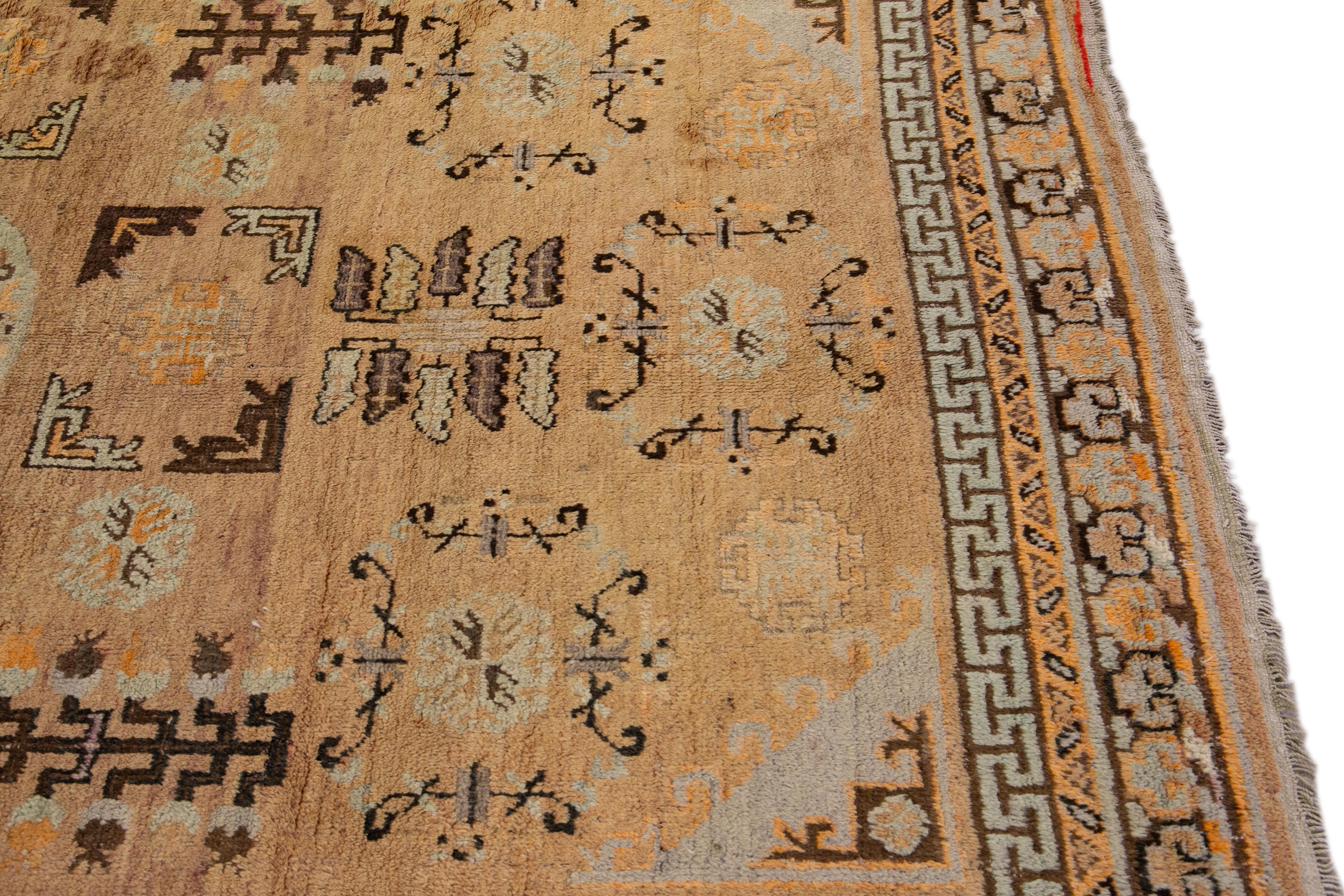 Antique Khotan Handmade Geometric Tan Wool Rug 1