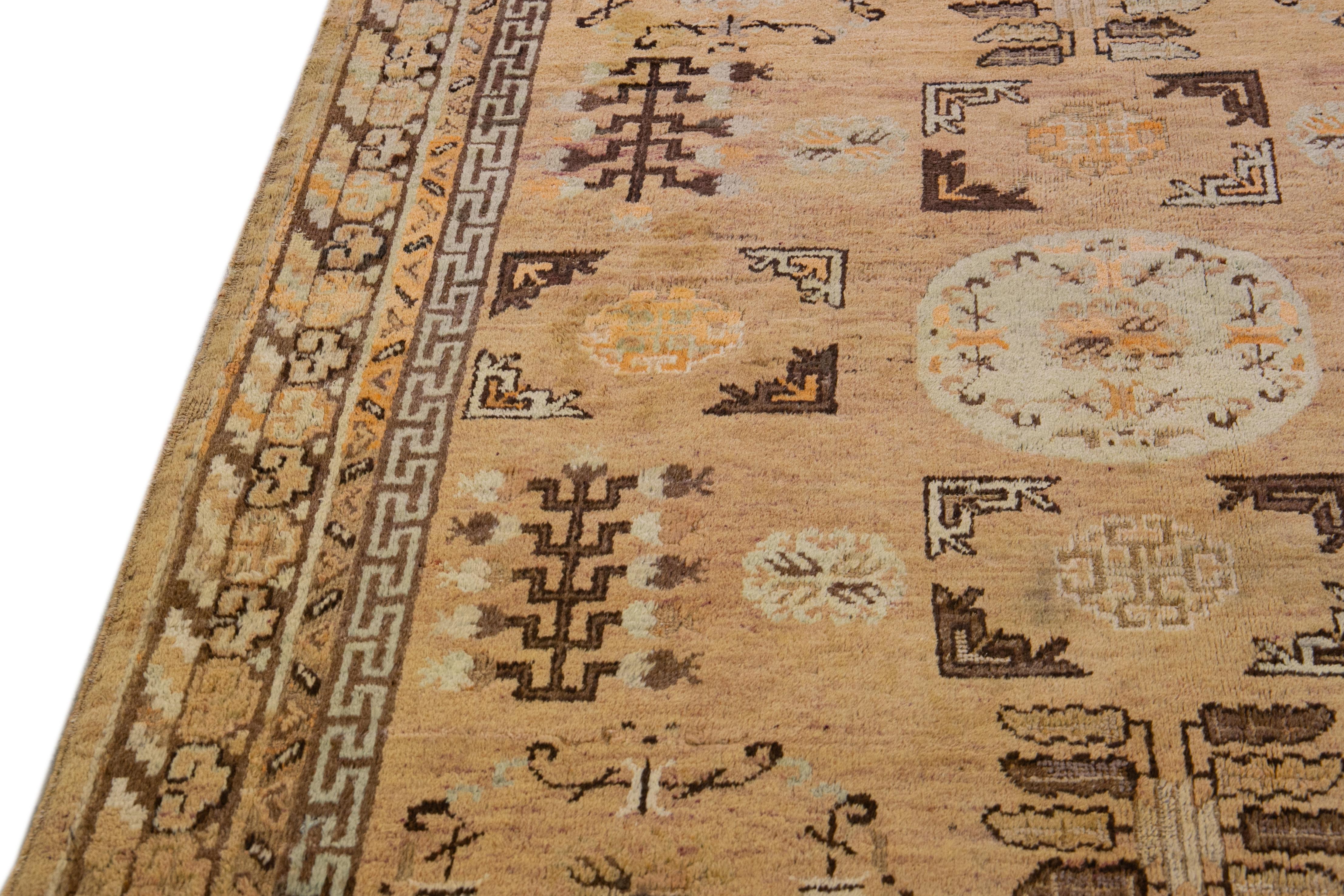 Antique Khotan Handmade Geometric Tan Wool Rug 3