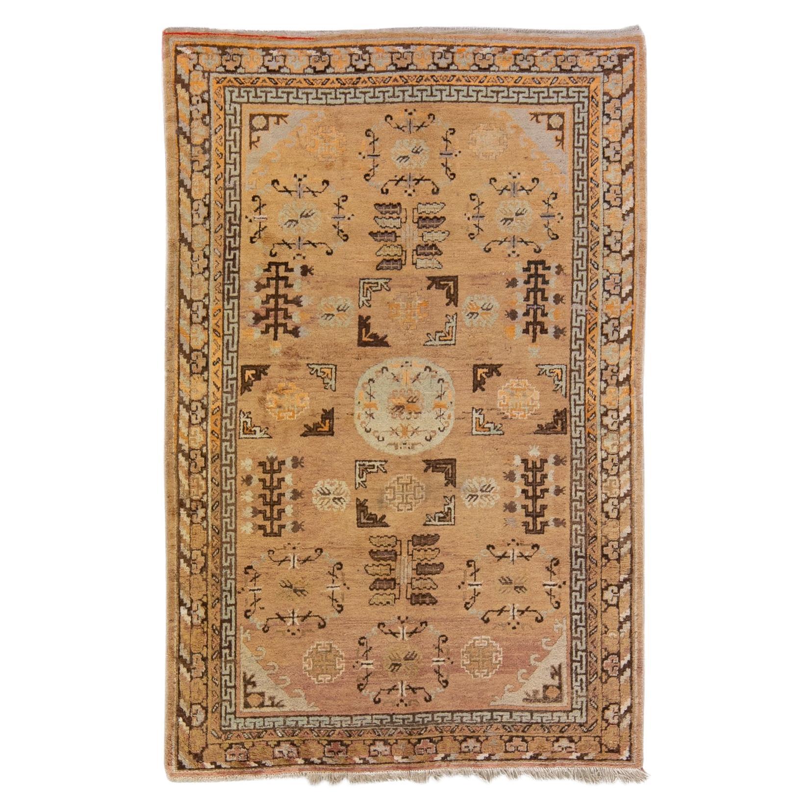 Antique Khotan Handmade Geometric Tan Wool Rug