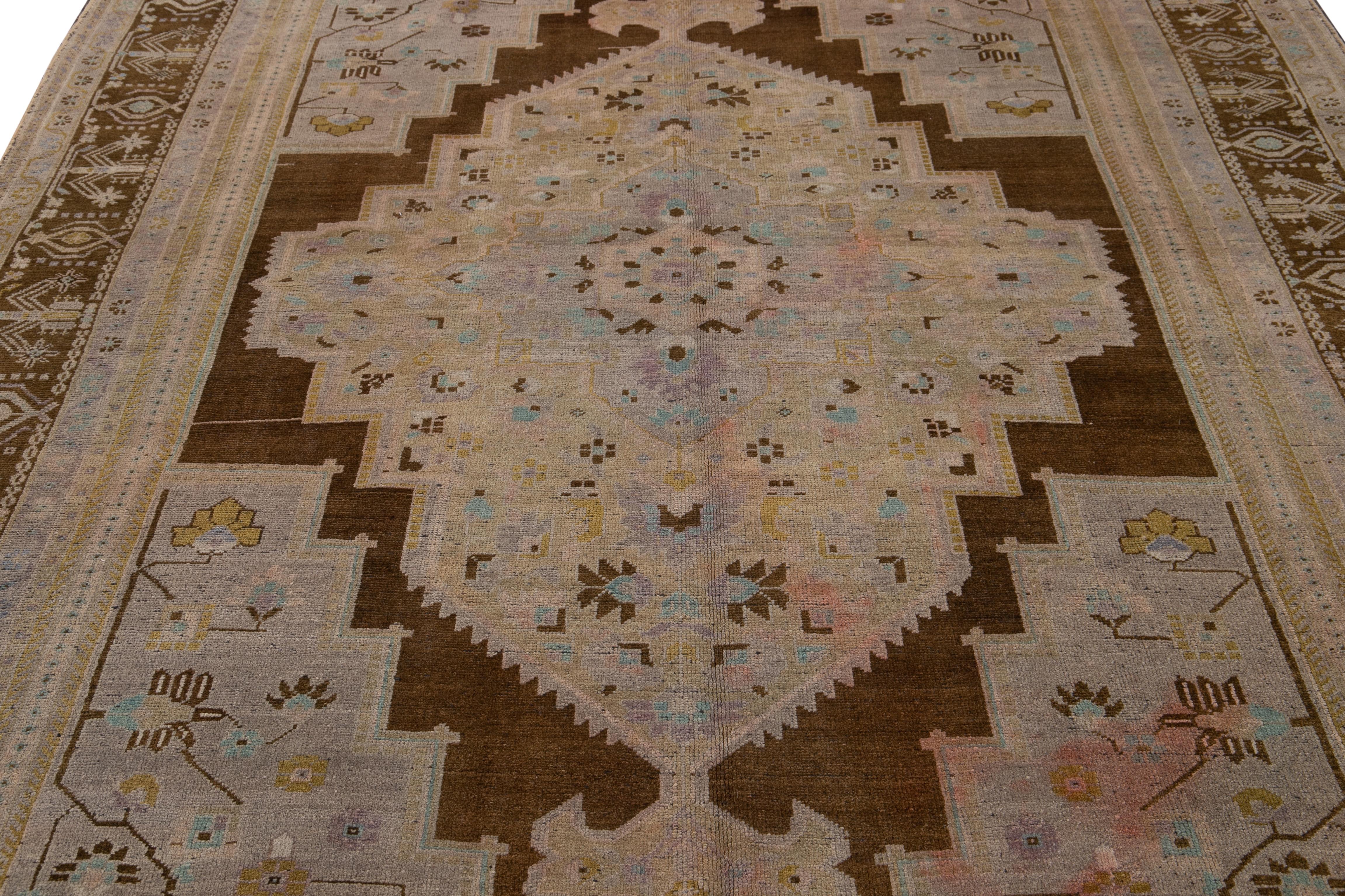 East Turkestani Antique Khotan Handmade Medallion Floral Motif Tan Room Size Wool Rug For Sale