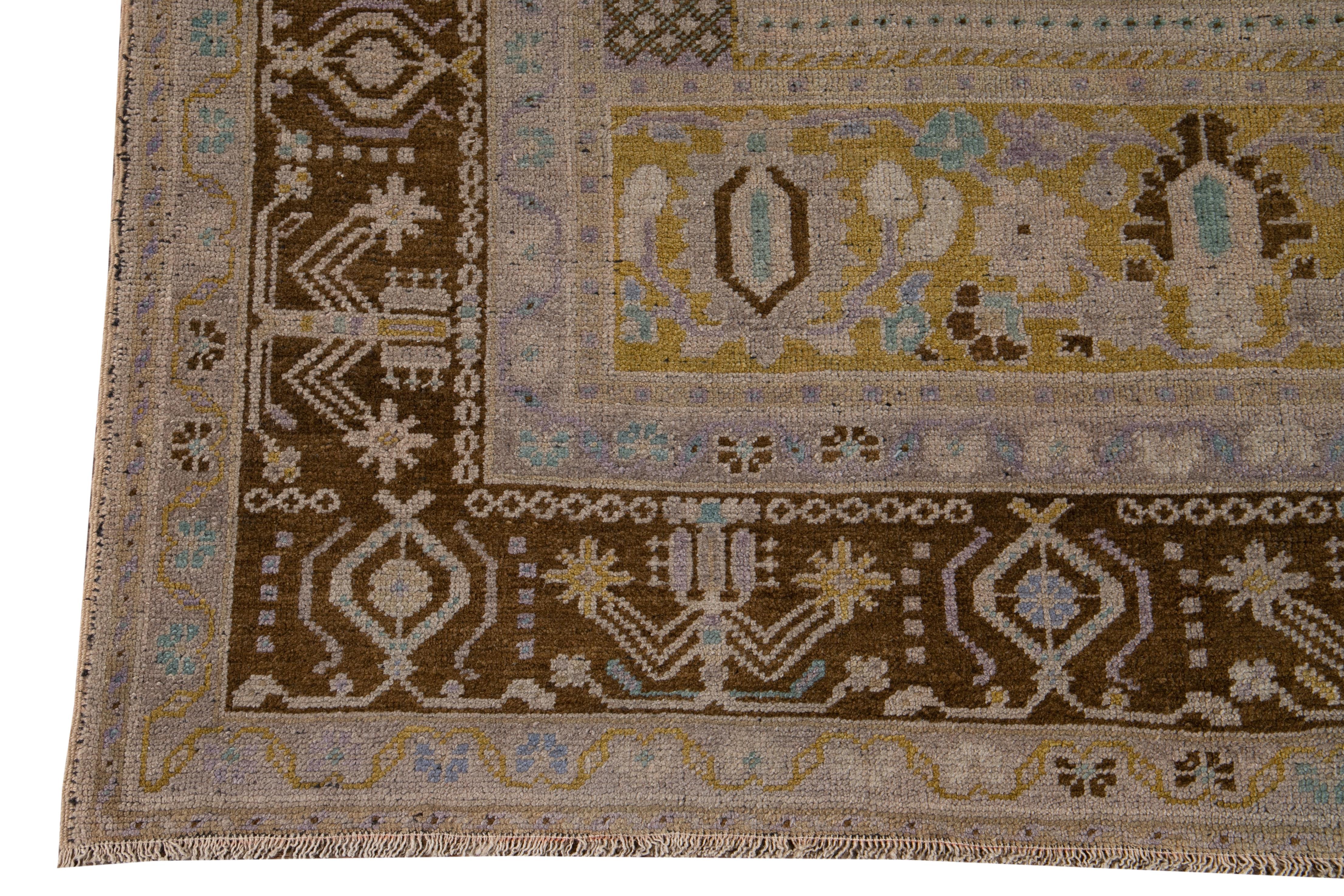 Antique Khotan Handmade Medallion Floral Motif Tan Room Size Wool Rug For Sale 2