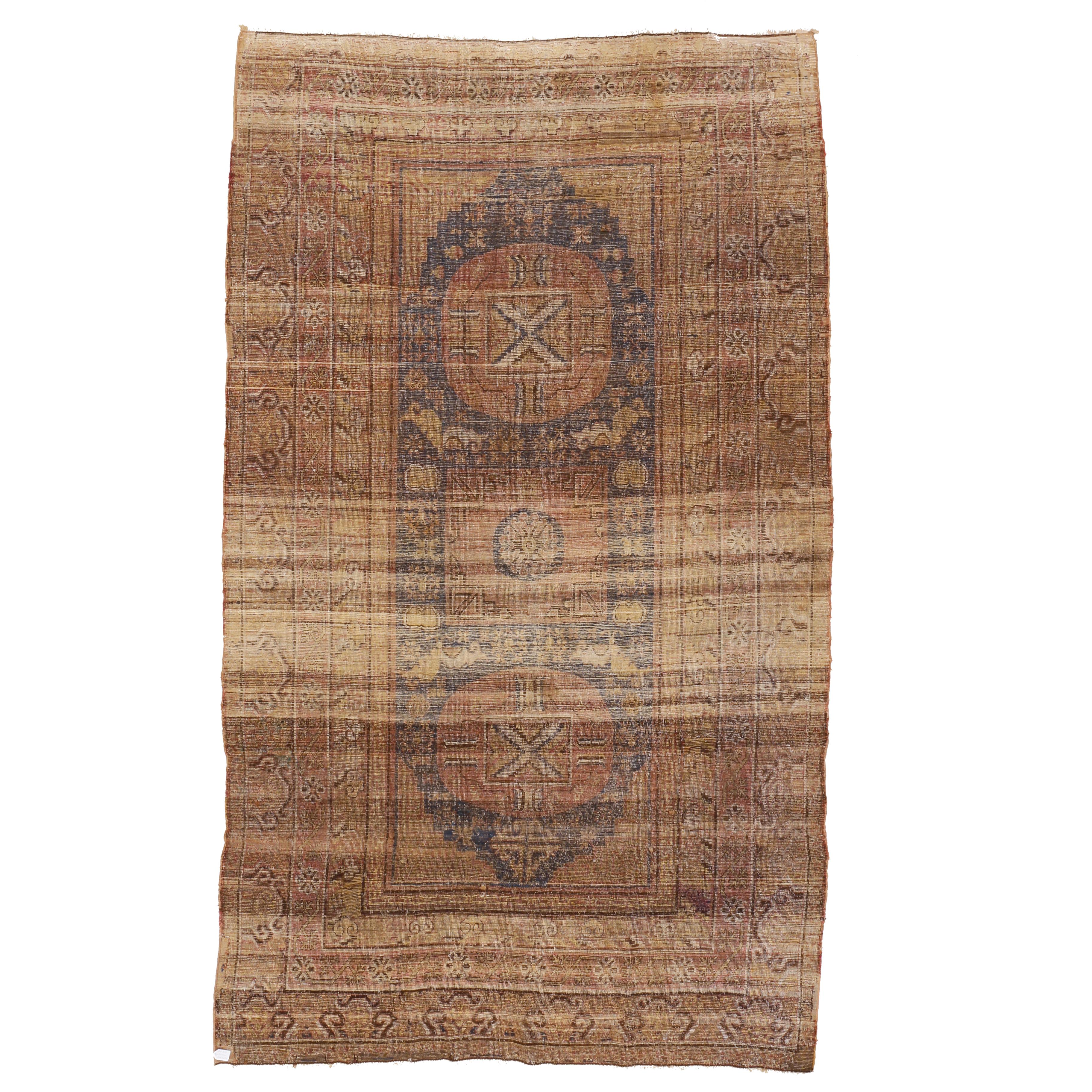 The rugs of east Turkestan, called Khotan, Yarkand, Kashgar or more commonly Samarkand - have always represented the rarest and most coveted weavings both among interior designers and collectors. Being in perfect balance between curvilinear and