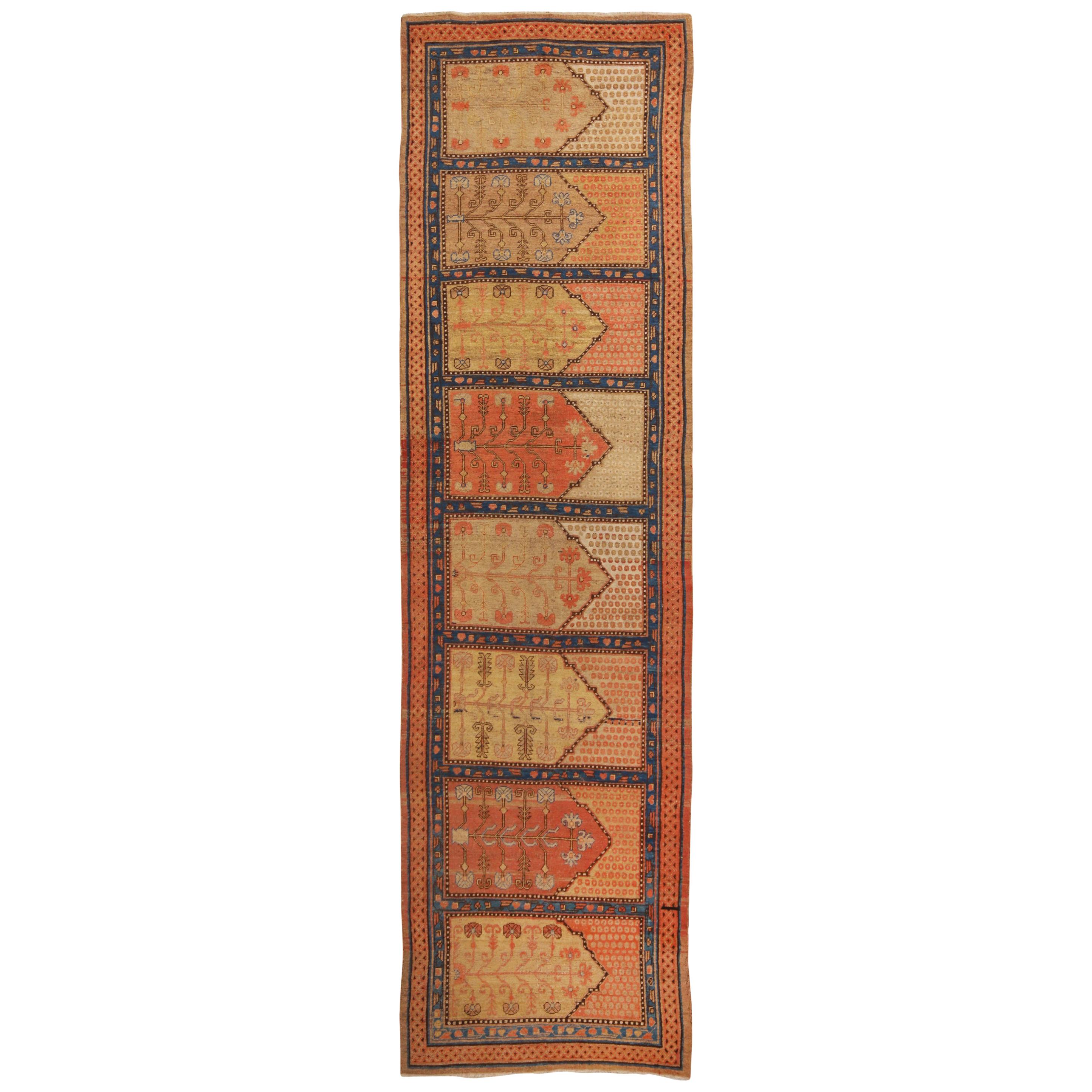 Antique Khotan Pink and Blue Wool Runner Geometric Pattern by Rug & Kilim