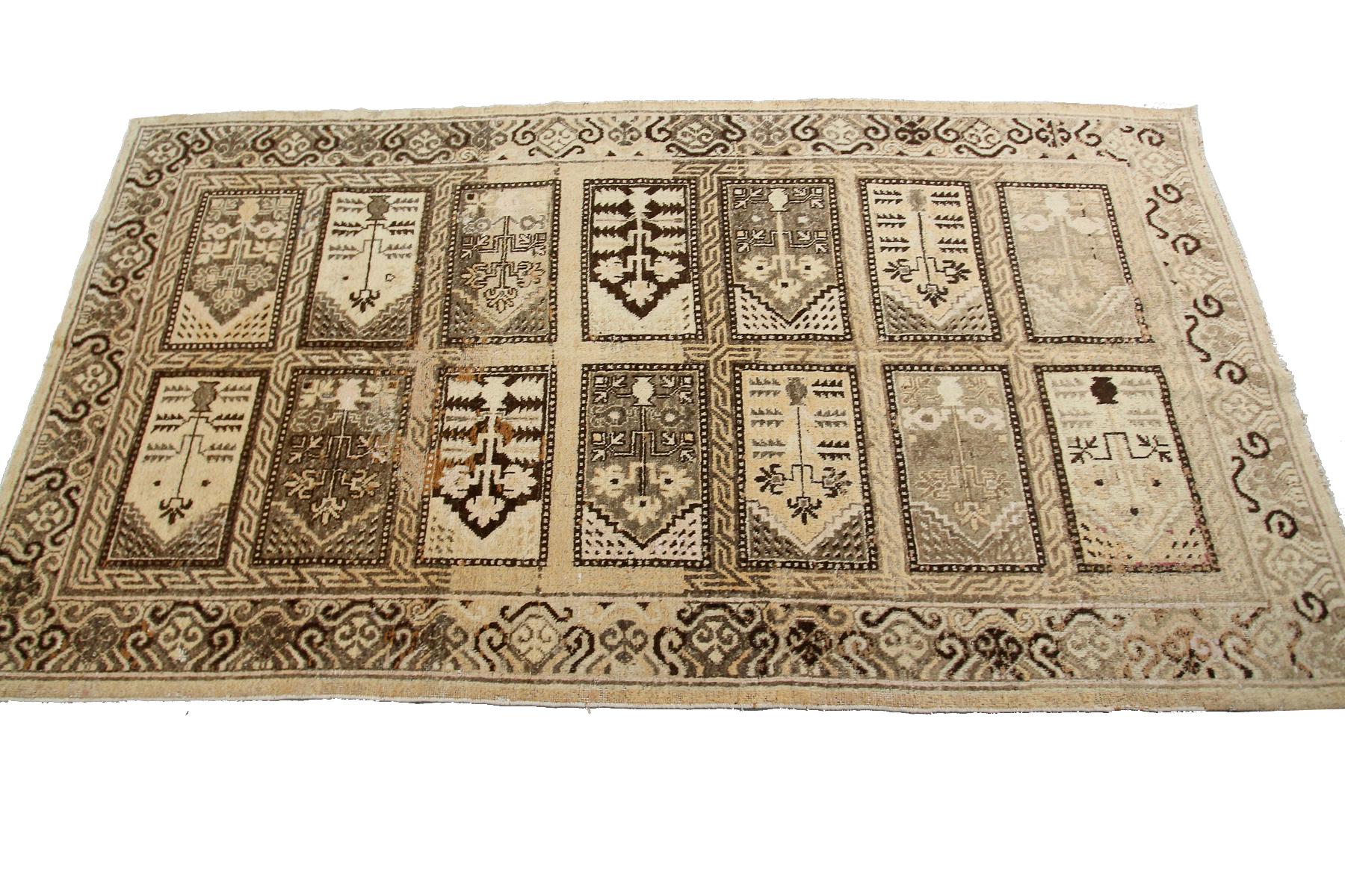 Fin du XIXe siècle Tapis Khotan antique Samarkand géométrique beige Turkestan 1890 en vente
