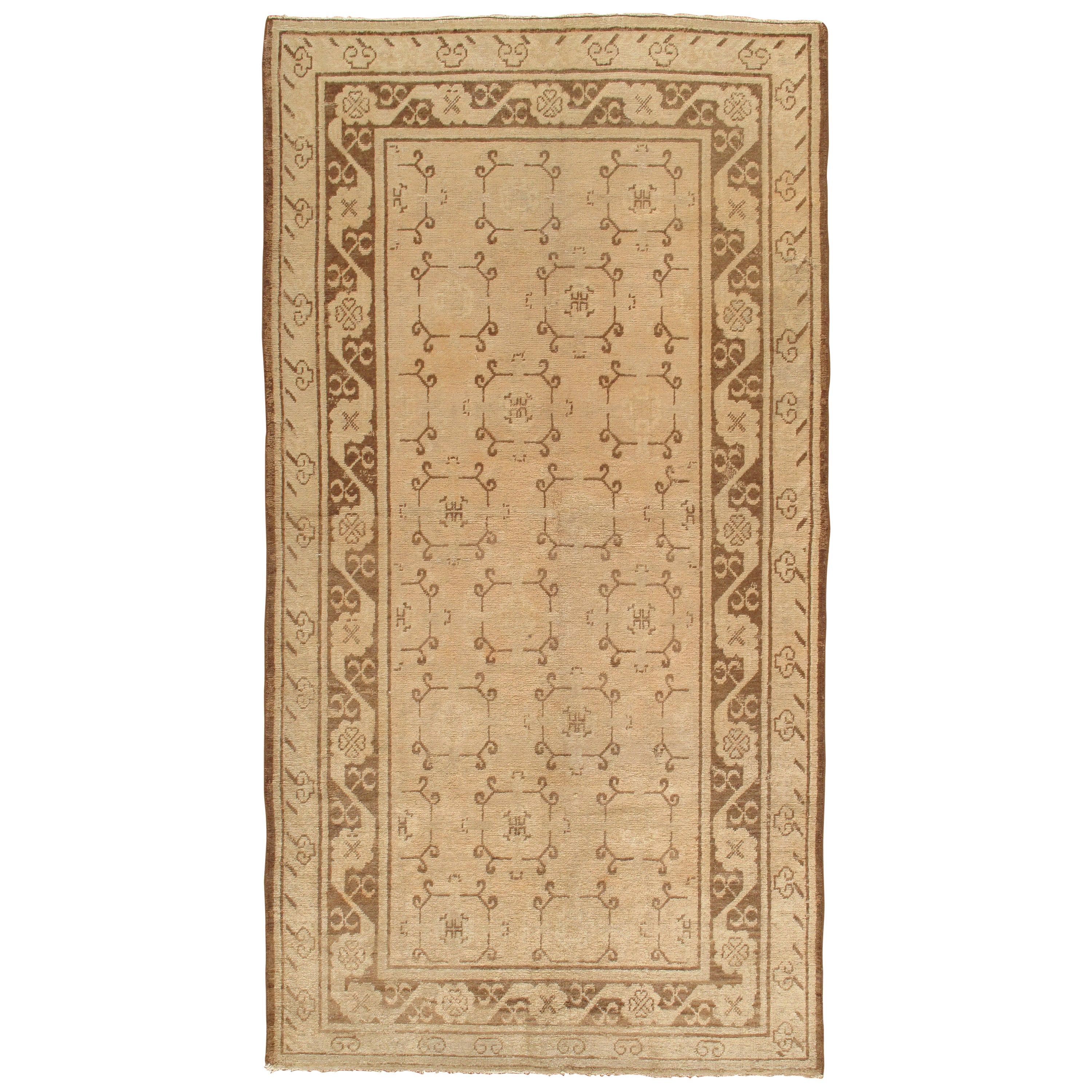 Tapis Khotan antique, Tapis oriental déco fait main, Tapis Brown et rose