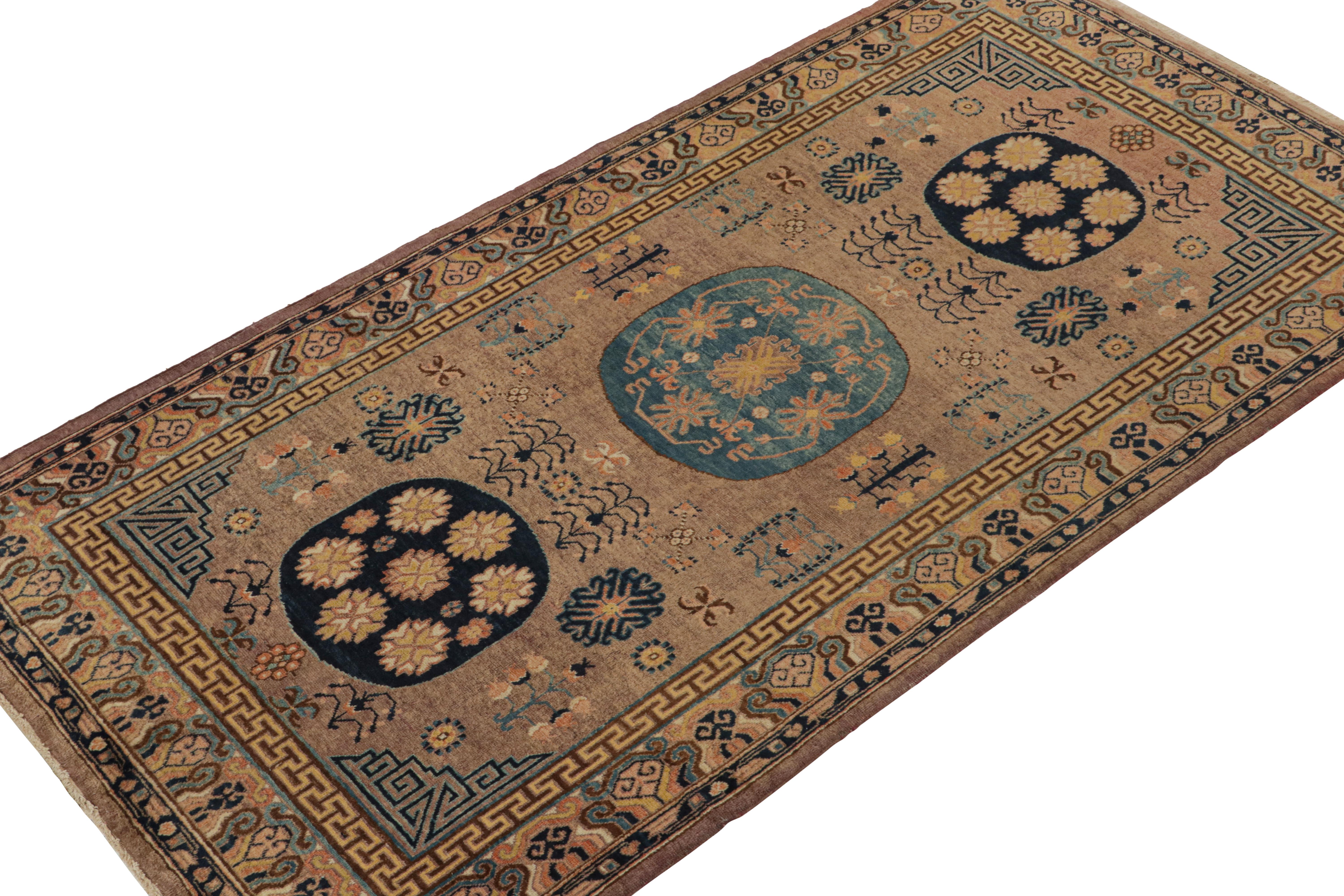Hand-knotted in wool and hailing from East Turkestan circa 1900-1910, this 5x9 Antique Khotan rug is a rare new curation from Rug & Kilim.

On the Design: 

The piece enjoys traditional medallions and floral motifs in the Chinese style, with a play