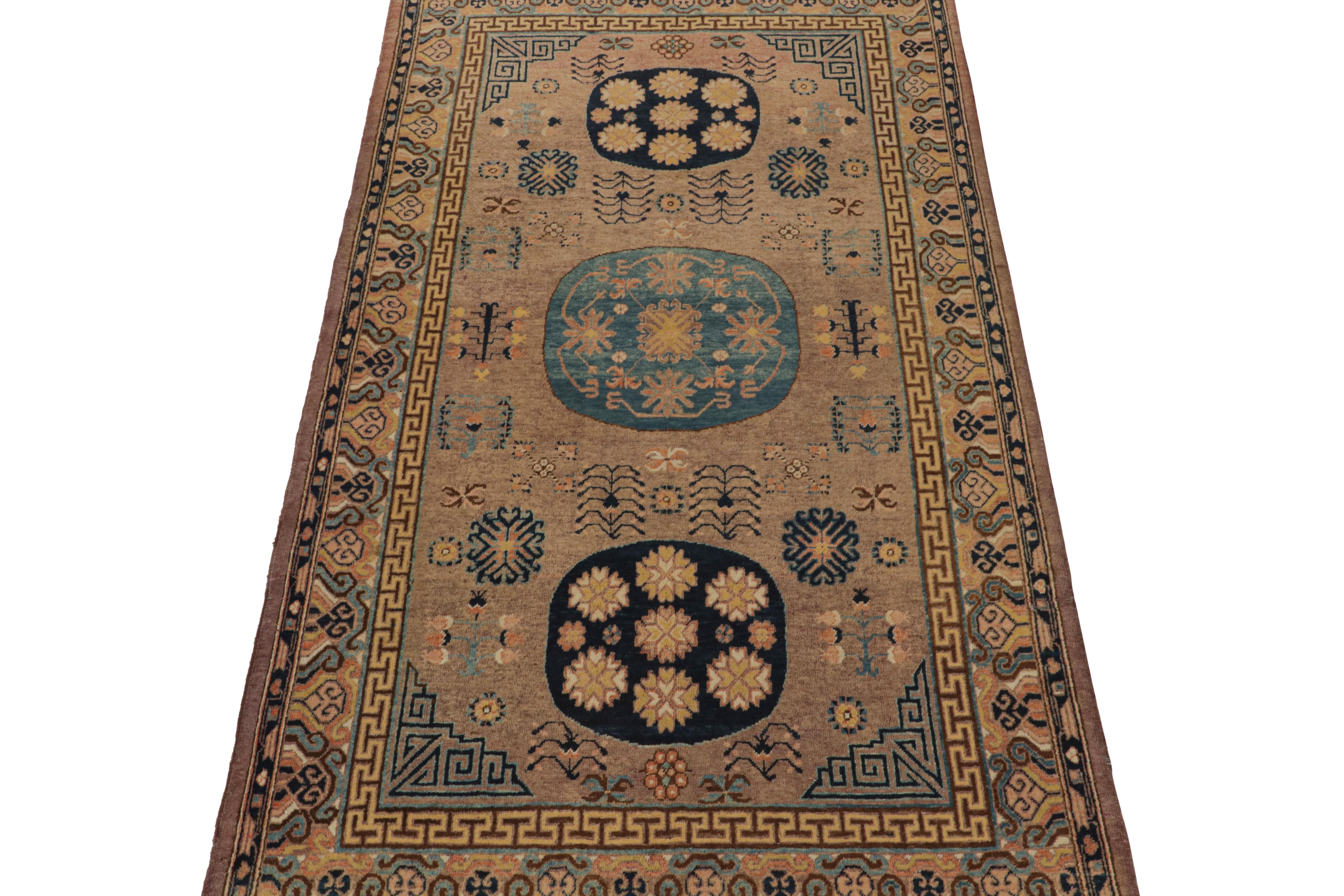 Turkestan Antique Khotan rug in Beige-Brown, Blue & Gold Medallions, from Rug & Kilim For Sale
