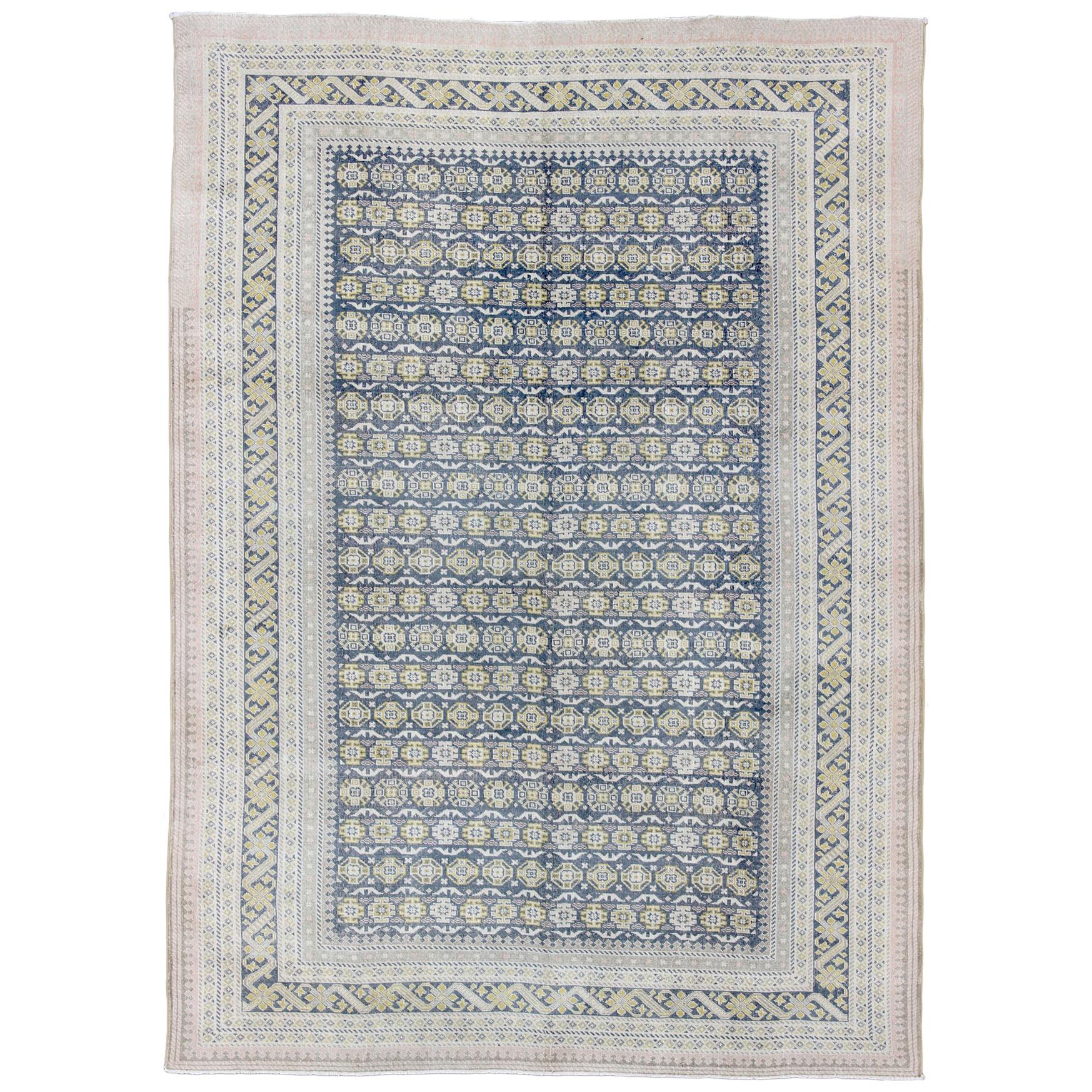 Antique Khotan Rug in Shades of Blue with Gray, L. Pink and Yellow Accents