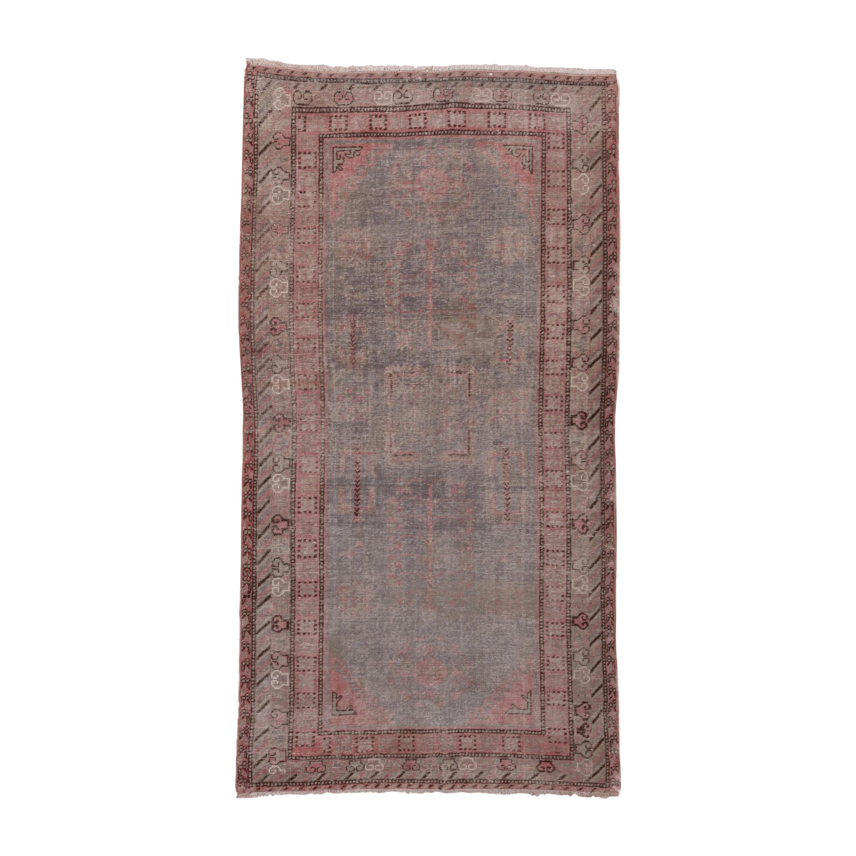 Antique Khotan Rug, Light Gray Field, Pink Borders, Lighly Distressed For Sale