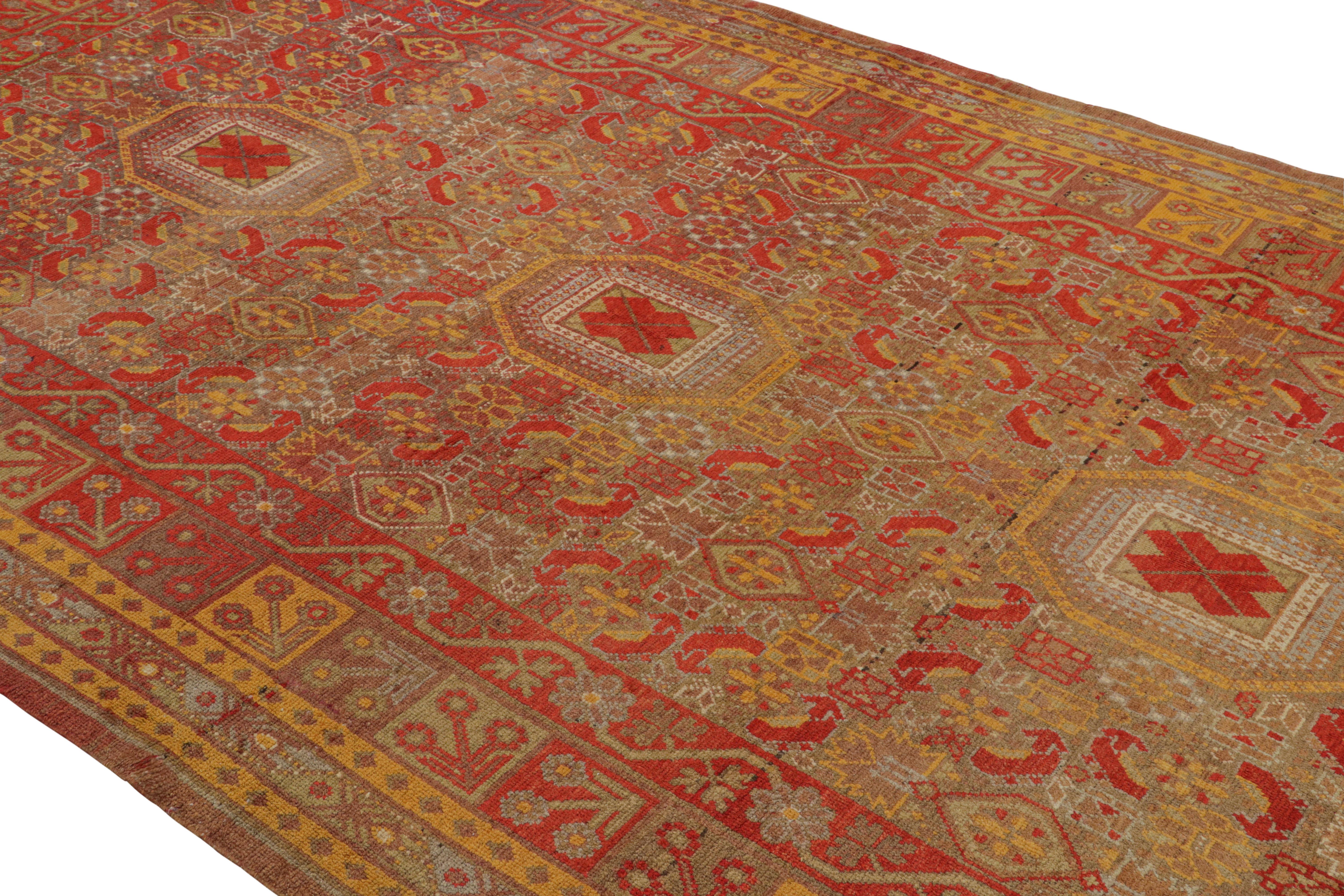 Hand knotted in wool originating from East Turkestan circa 1890-1900, this antique rug connotes a classic Khotan rug design with a classic approach to transitional colorway celebrated in this oriental rug family. This piece was selected in no small