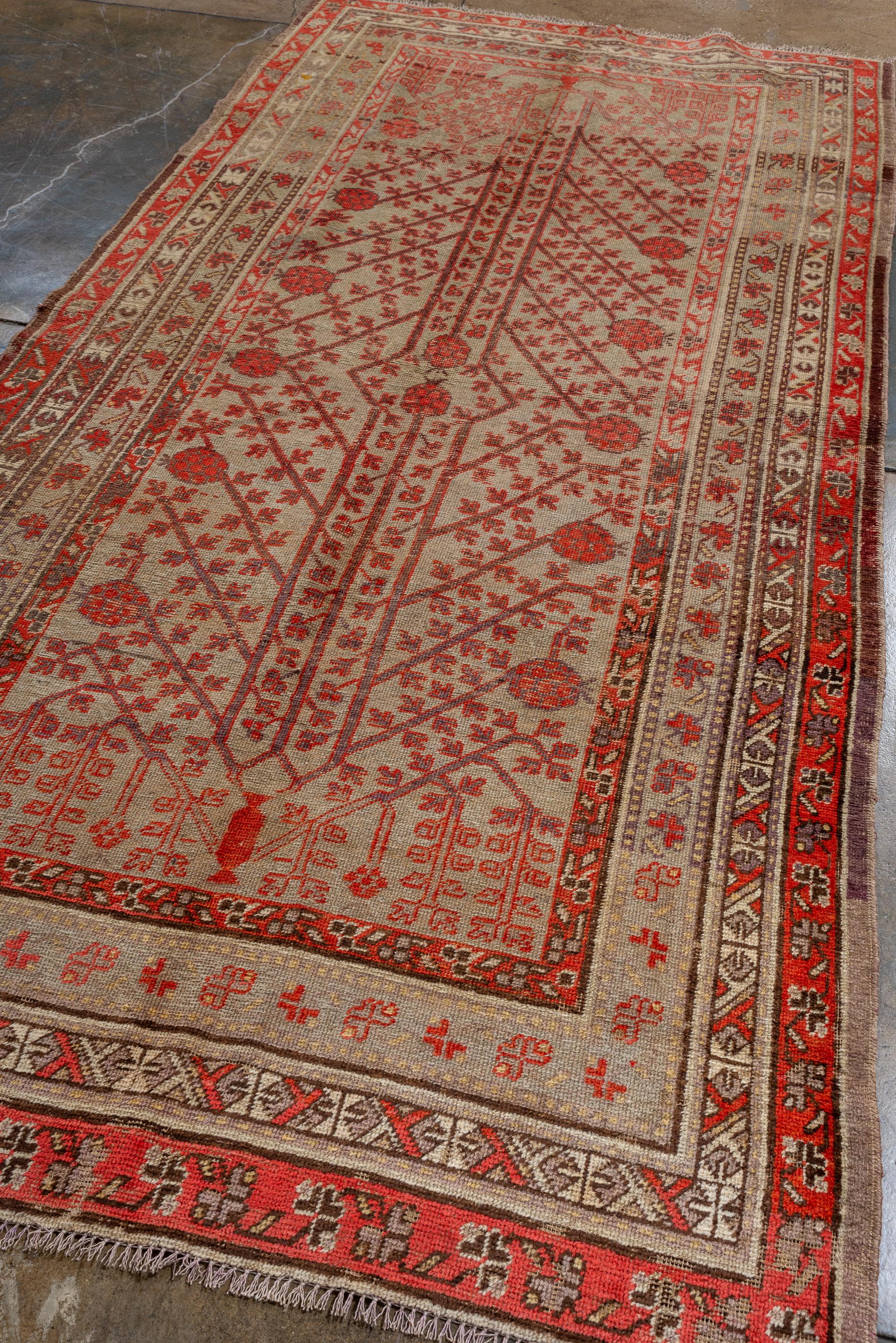 Chinese Antique Khotan Rug with Pomegranate Trees  For Sale