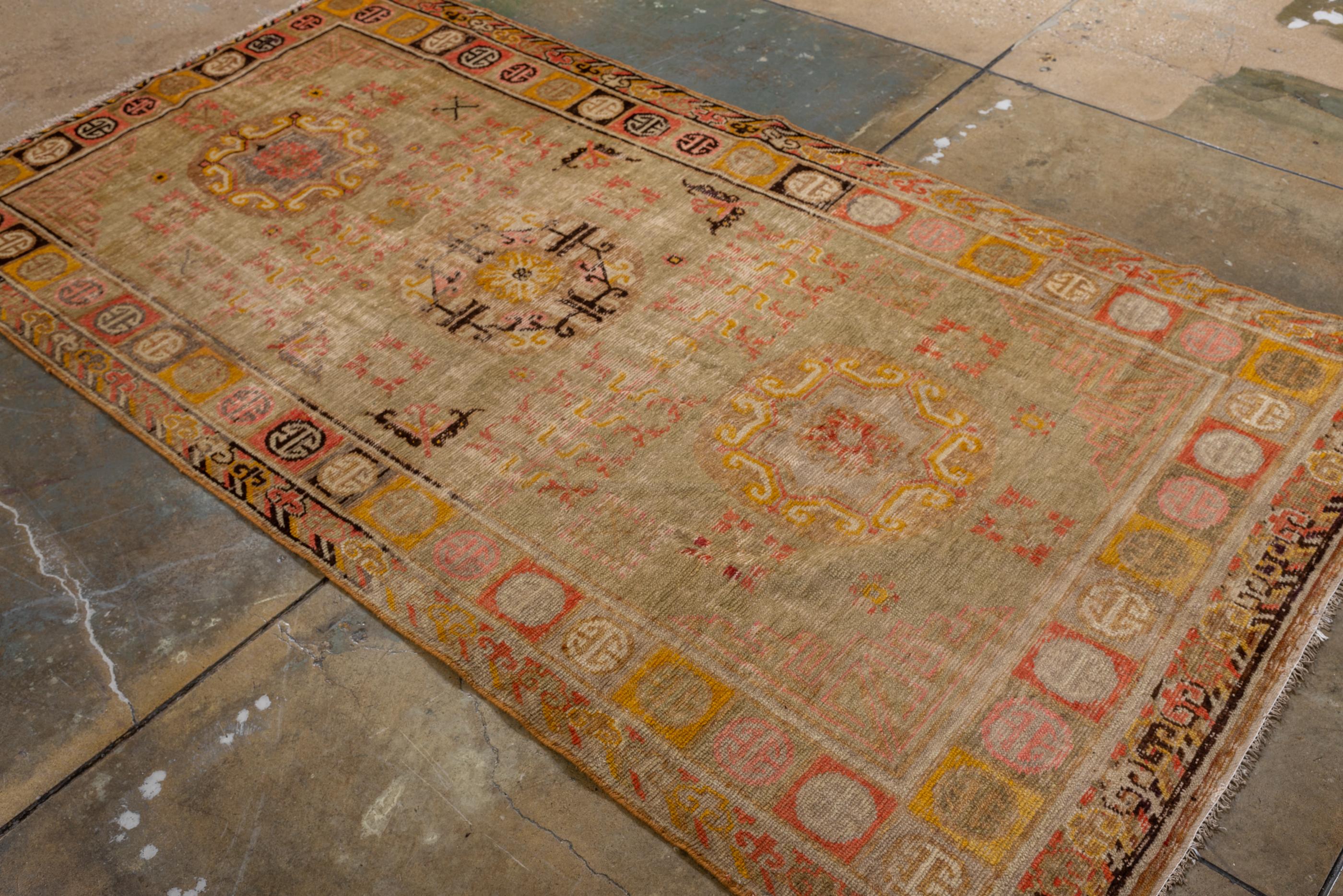 Antique Khotan Rug, with Straw Beige Field, and Moon Medallions For Sale 2