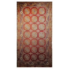 Antique Khotan Rug, Wool & Silk, Allover Geometric Medallions, 1800s