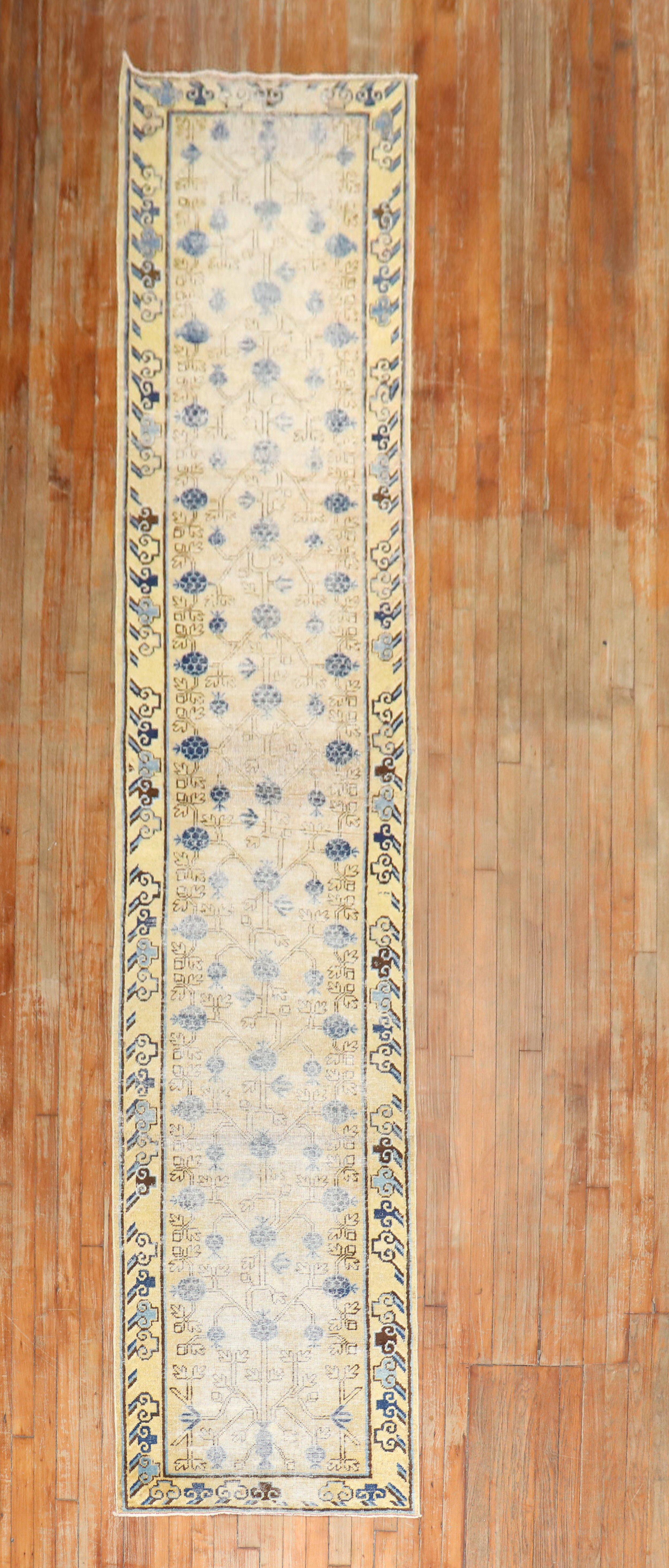 Abgenutzter Khotan-Läufer aus Ostturkestan aus dem späten 19. Jahrhundert mit einem Granatapfelmuster in Grau, Senf, Beige und Denim-Blau

Maße: 2'6'' x 14'.