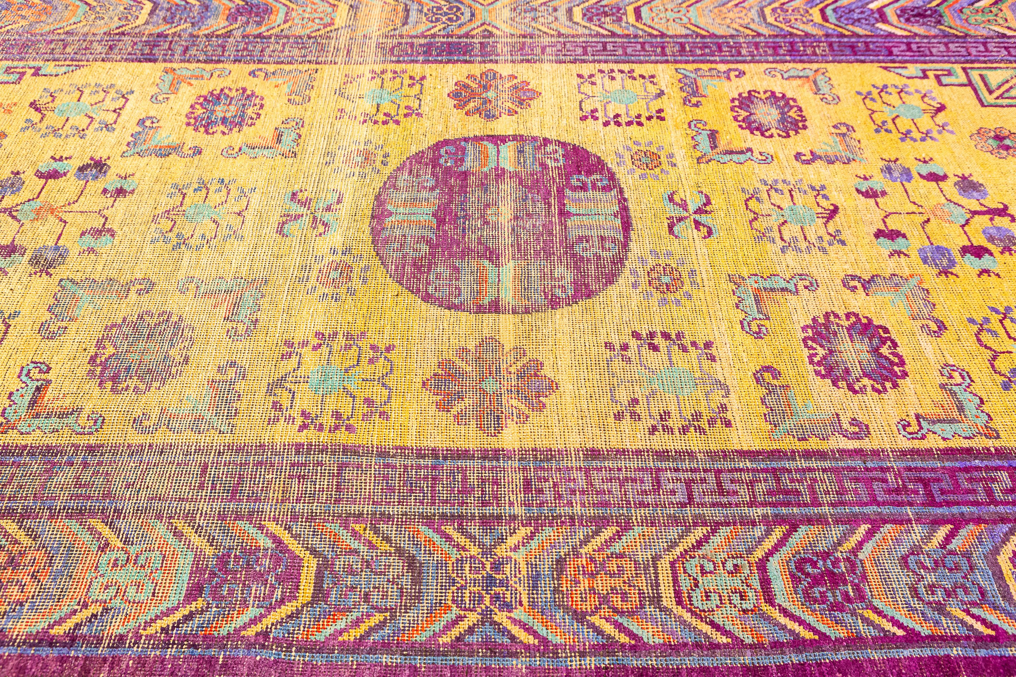 Central Asian Antique Khotan Silk Rug Yellow Saffron Color For Sale