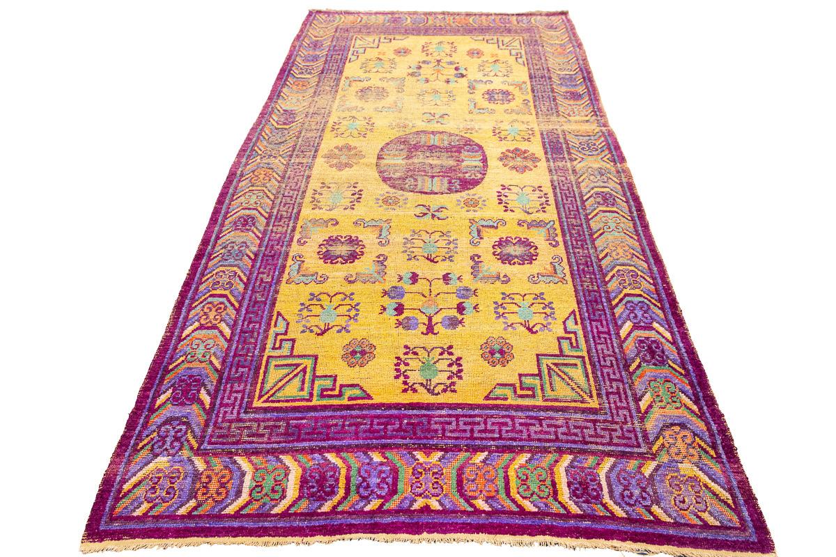 Hand-Knotted Antique Khotan Silk Rug Yellow Saffron Color For Sale