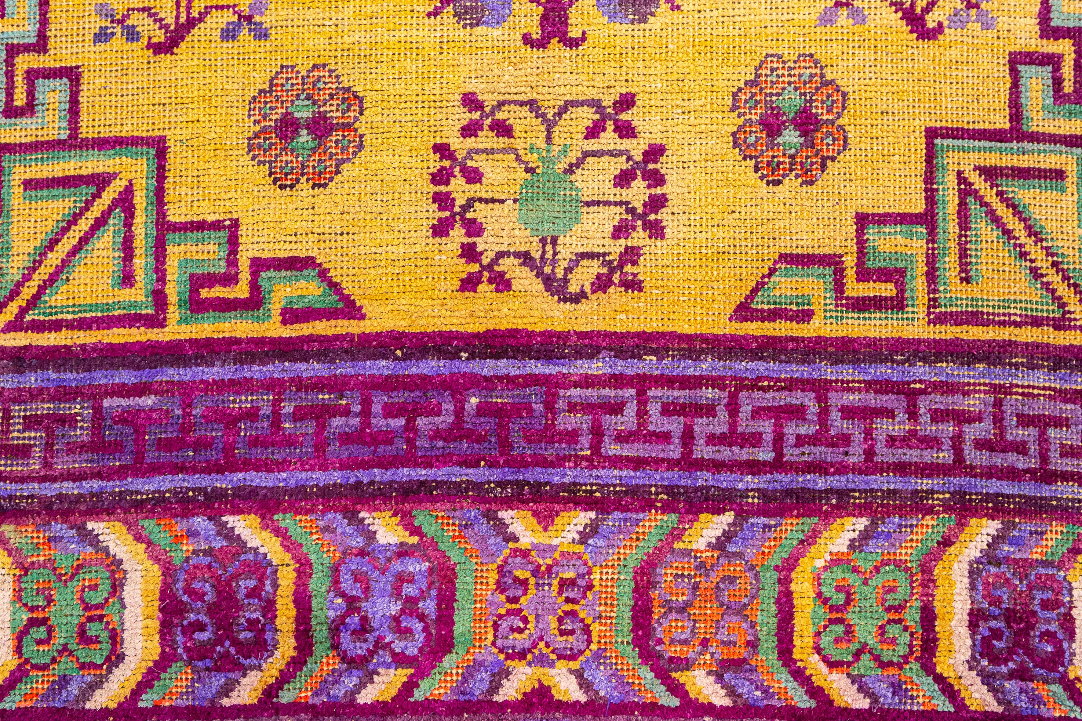 Late 19th Century Antique Khotan Silk Rug Yellow Saffron Color For Sale