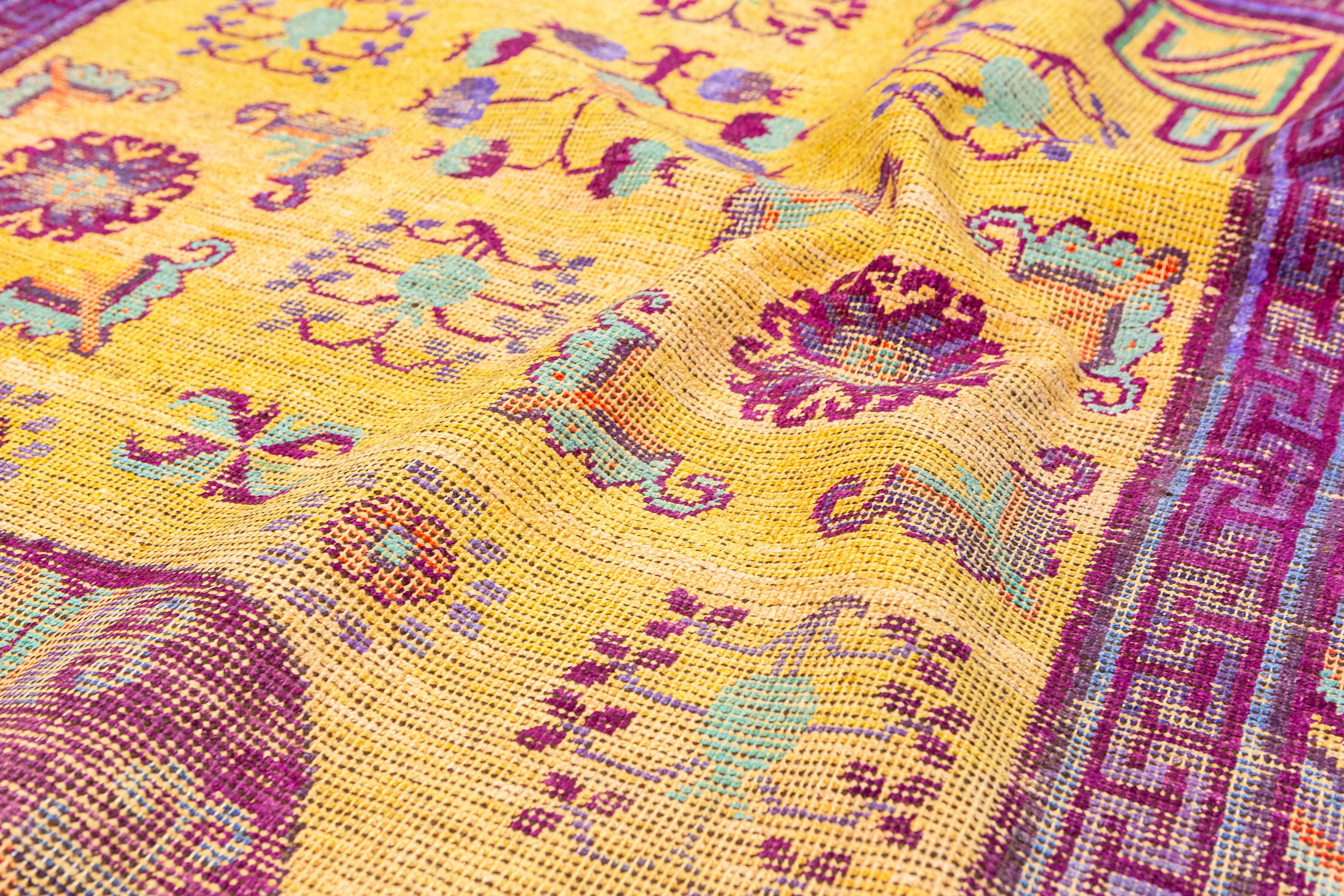 Antique Khotan Silk Rug Yellow Saffron Color For Sale 1