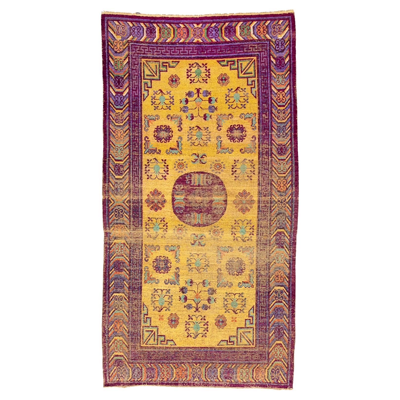 Antique Khotan Silk Rug Yellow Saffron Color For Sale