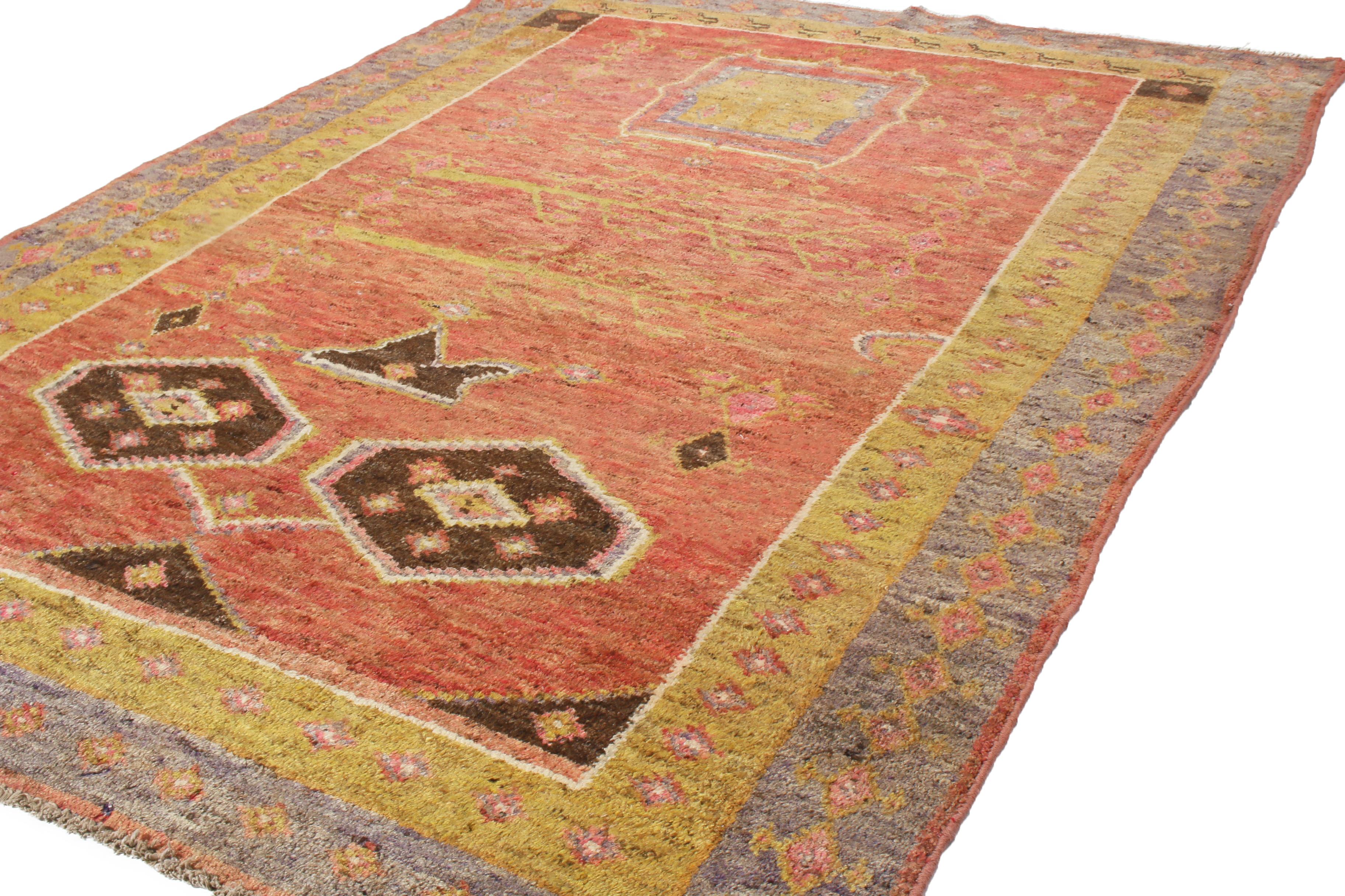 East Turkestani Antique Khotan Traditional Geometric Red and Golden Yellow Wool Rug