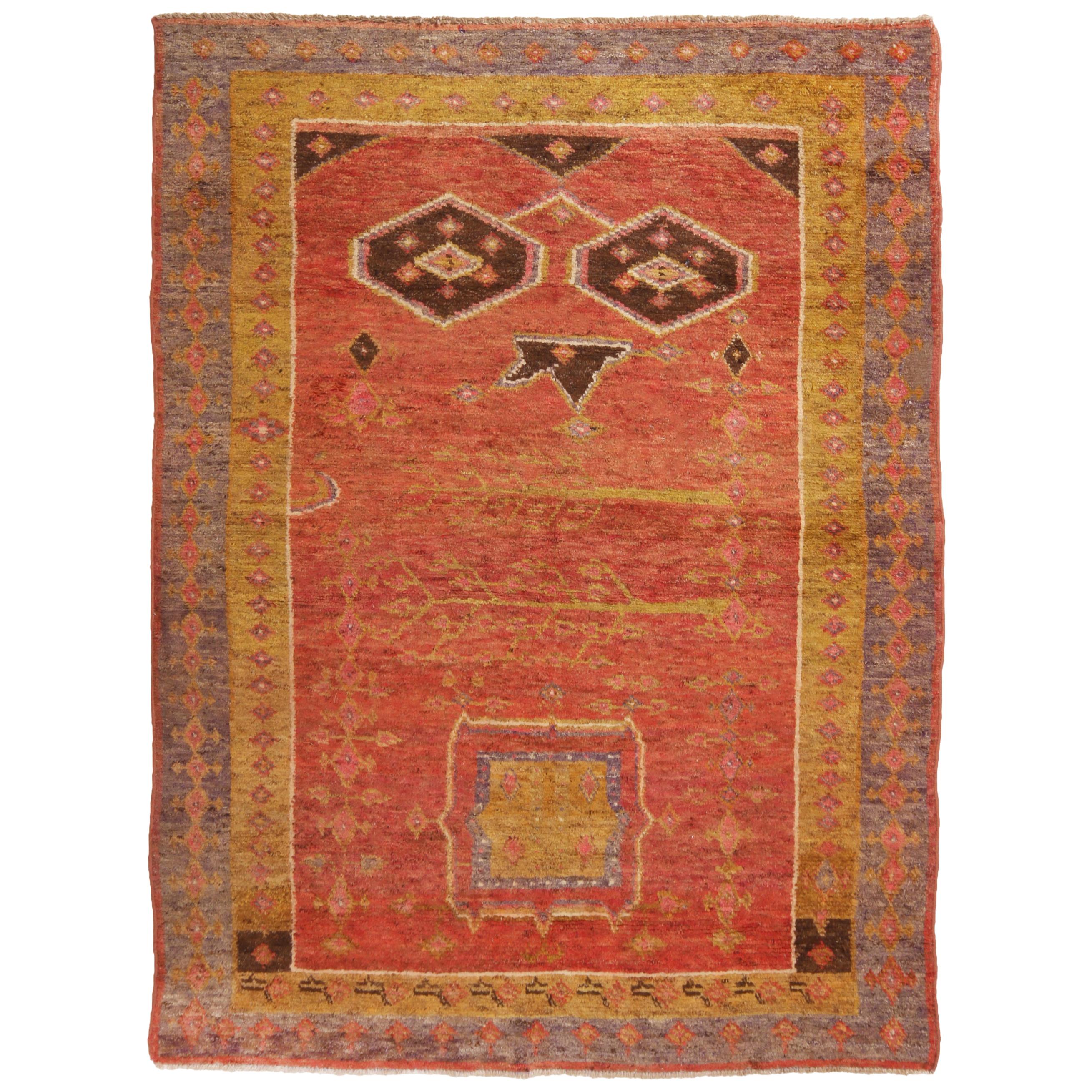 Antique Khotan Traditional Geometric Red and Golden Yellow Wool Rug