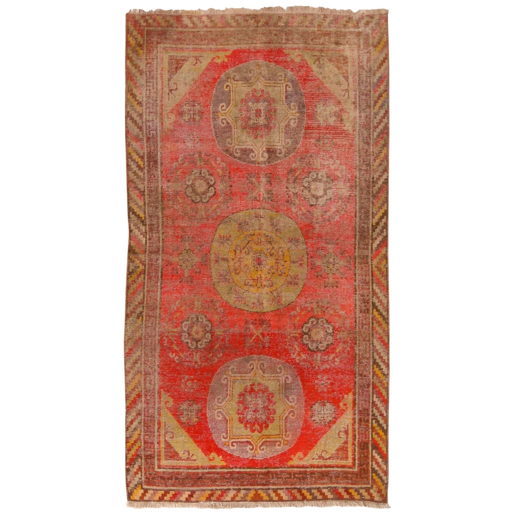 Antique Khotan Traditional Red Wool Rug Medallion Style Floral by Rug & Kilim