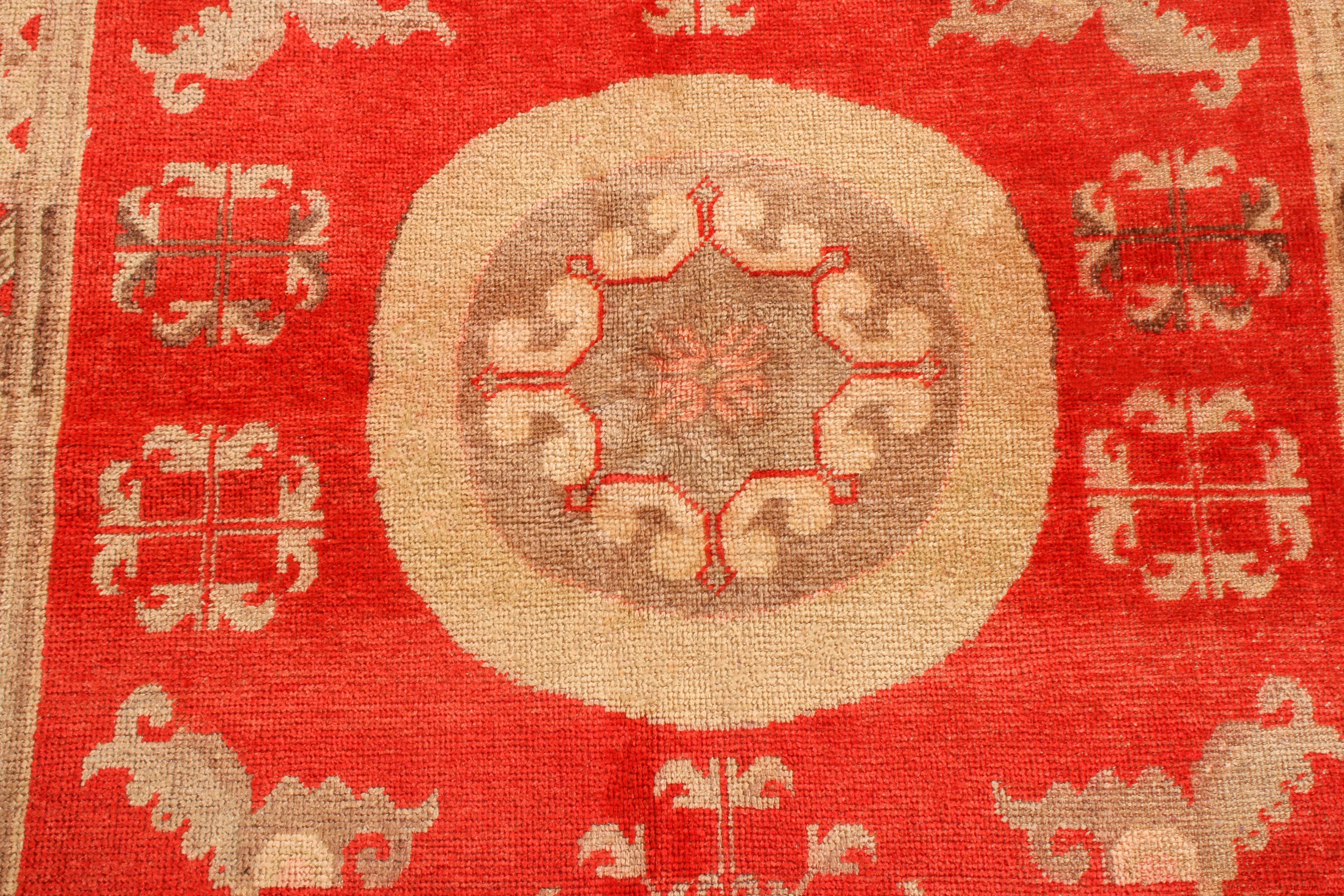 East Turkestani Antique Khotan Transitional Red Beige Wool Rug Medallion-Style by Rug & Kilim For Sale
