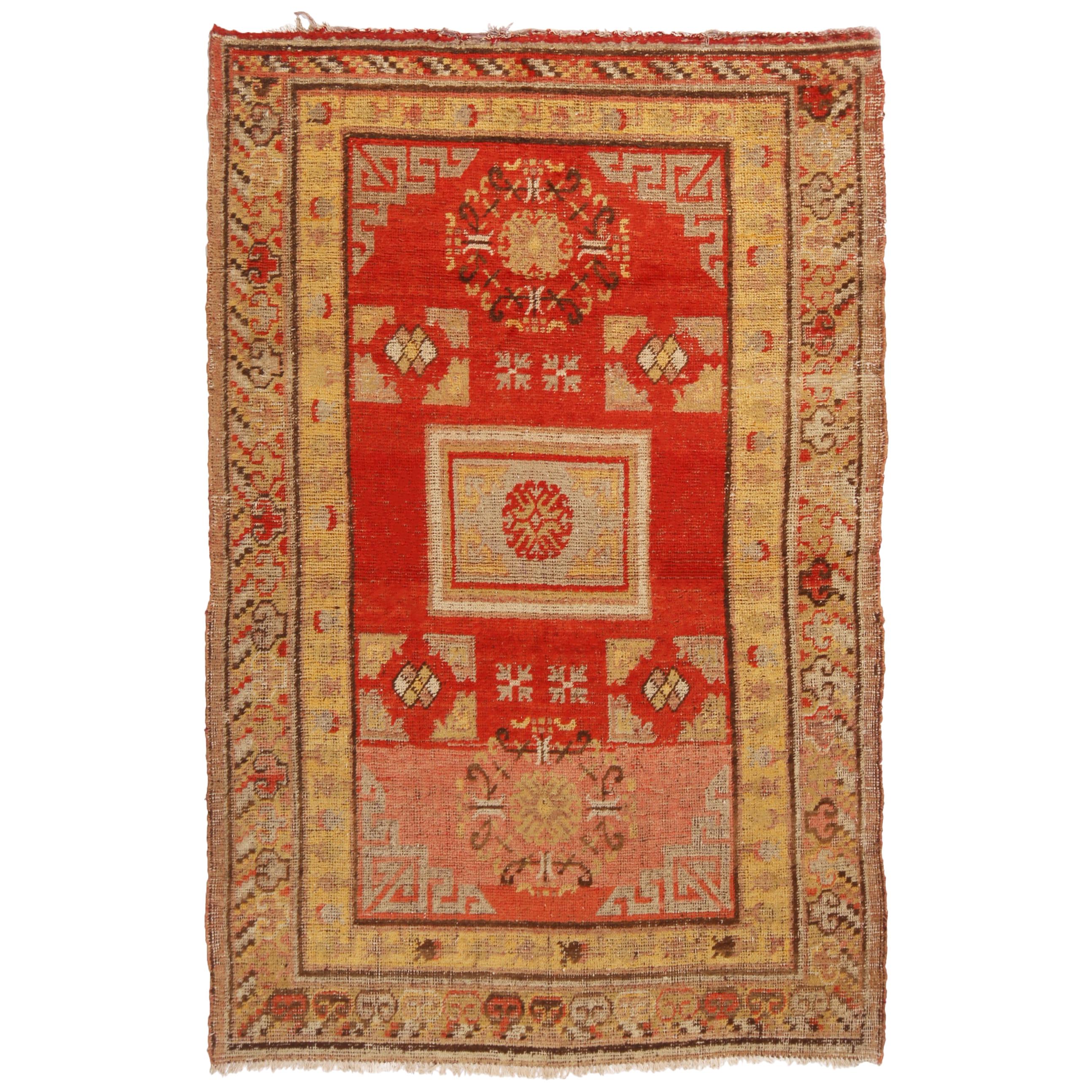Antique Khotan Transitional Red and Golden Beige Wool Rug