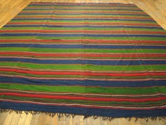 1930s Multi Stripe Antique Kilim Anatolian Rug 11'0" x 14'4" Woven Wool Carpet