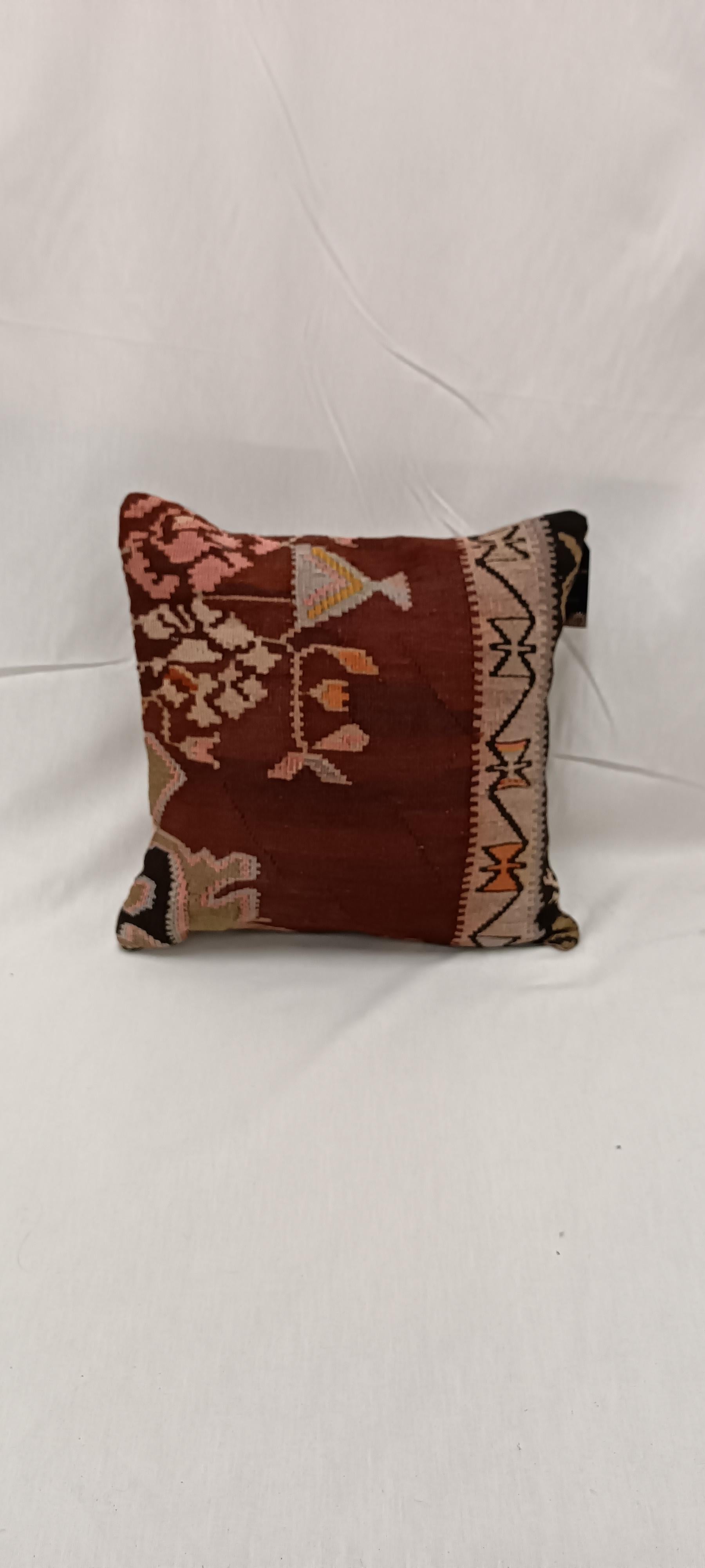 Art déco Housse de coussin Kilim antique en terre cuite rustique, 45x45 cm Housse de coussin tissée à la main en vente