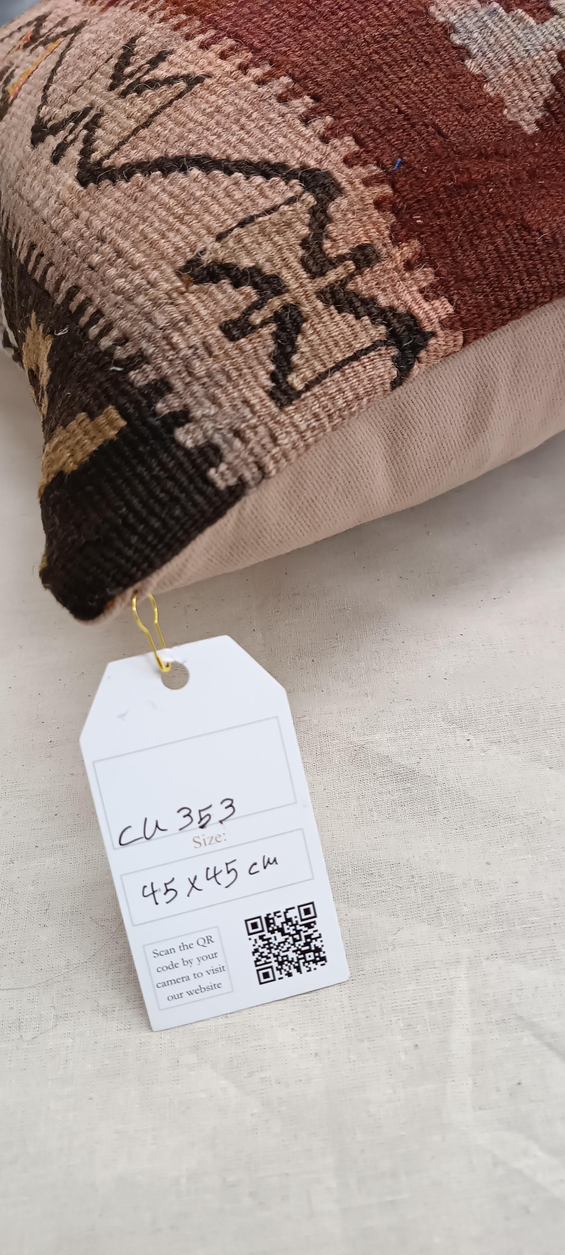 XXIe siècle et contemporain Housse de coussin Kilim antique en terre cuite rustique, 45x45 cm Housse de coussin tissée à la main en vente