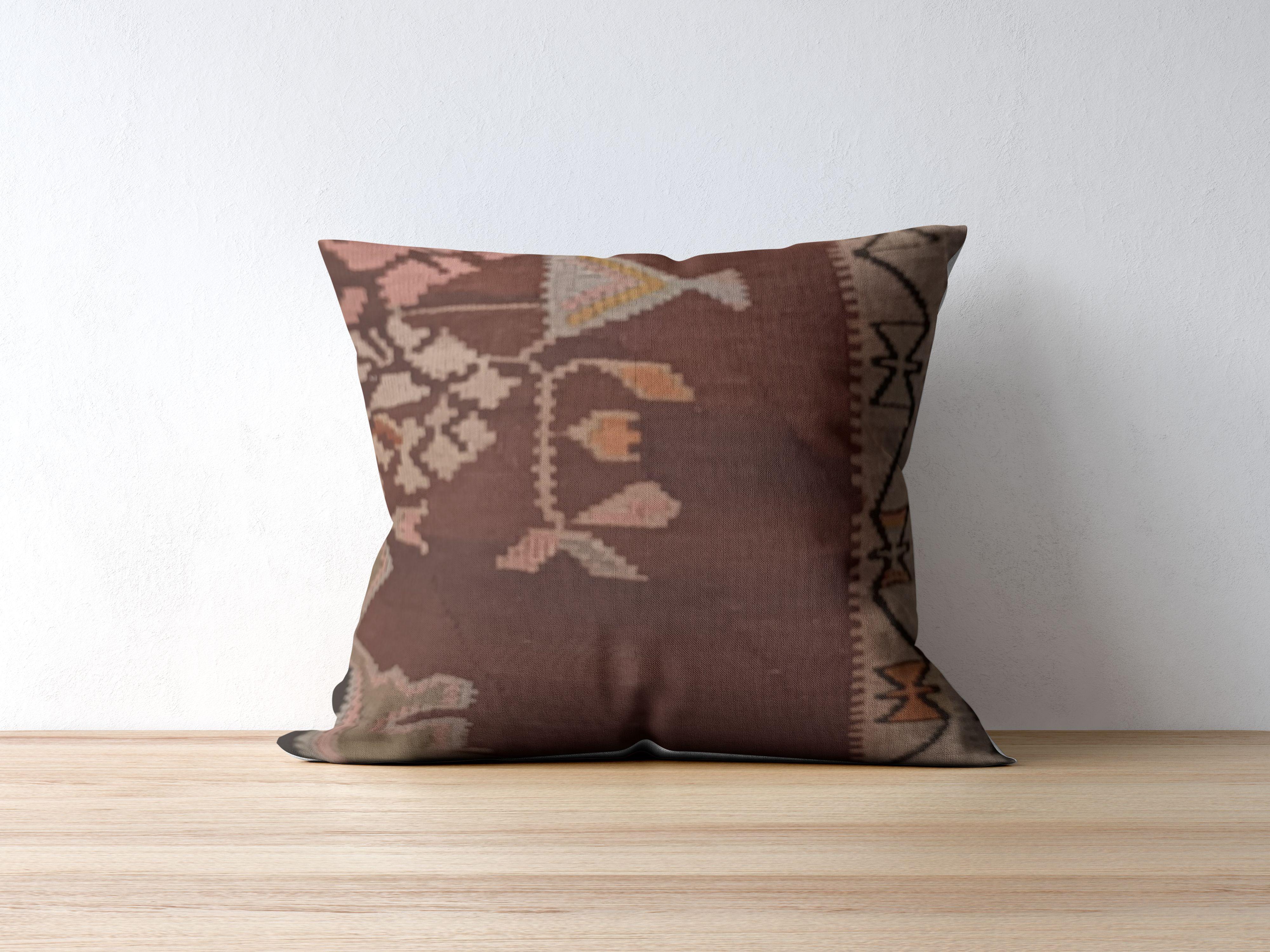 Tissu Housse de coussin Kilim antique en terre cuite rustique, 45x45 cm Housse de coussin tissée à la main en vente