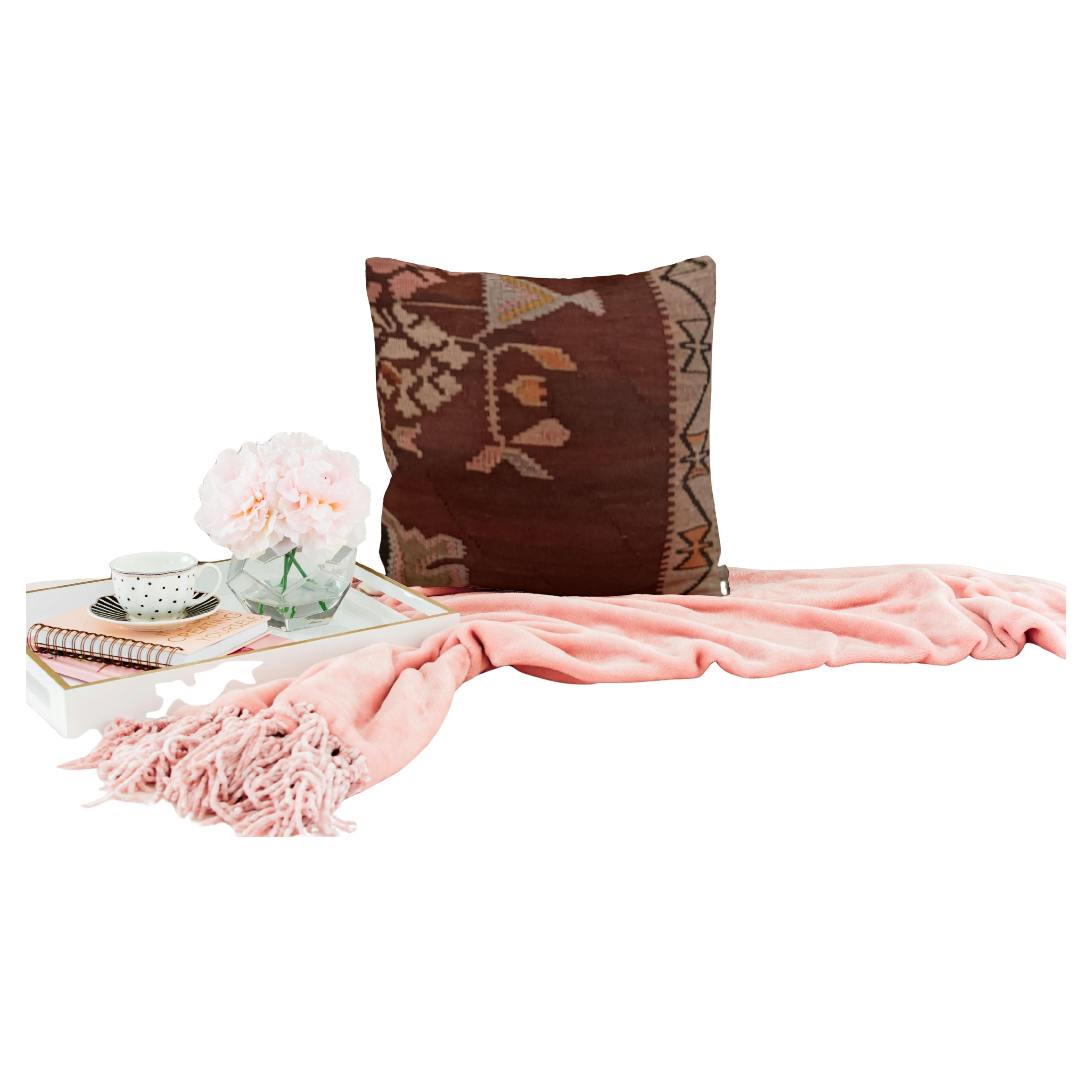 Housse de coussin Kilim antique en terre cuite rustique, 45x45 cm Housse de coussin tissée à la main en vente