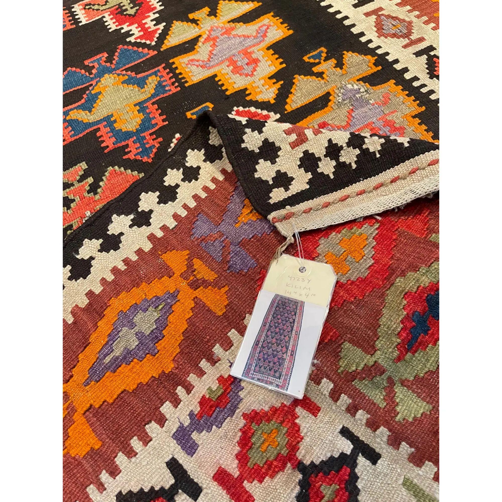 Antique Kilim Geometric Runner Rug - 14'4'' X 4'10'' In Good Condition For Sale In Los Angeles, US