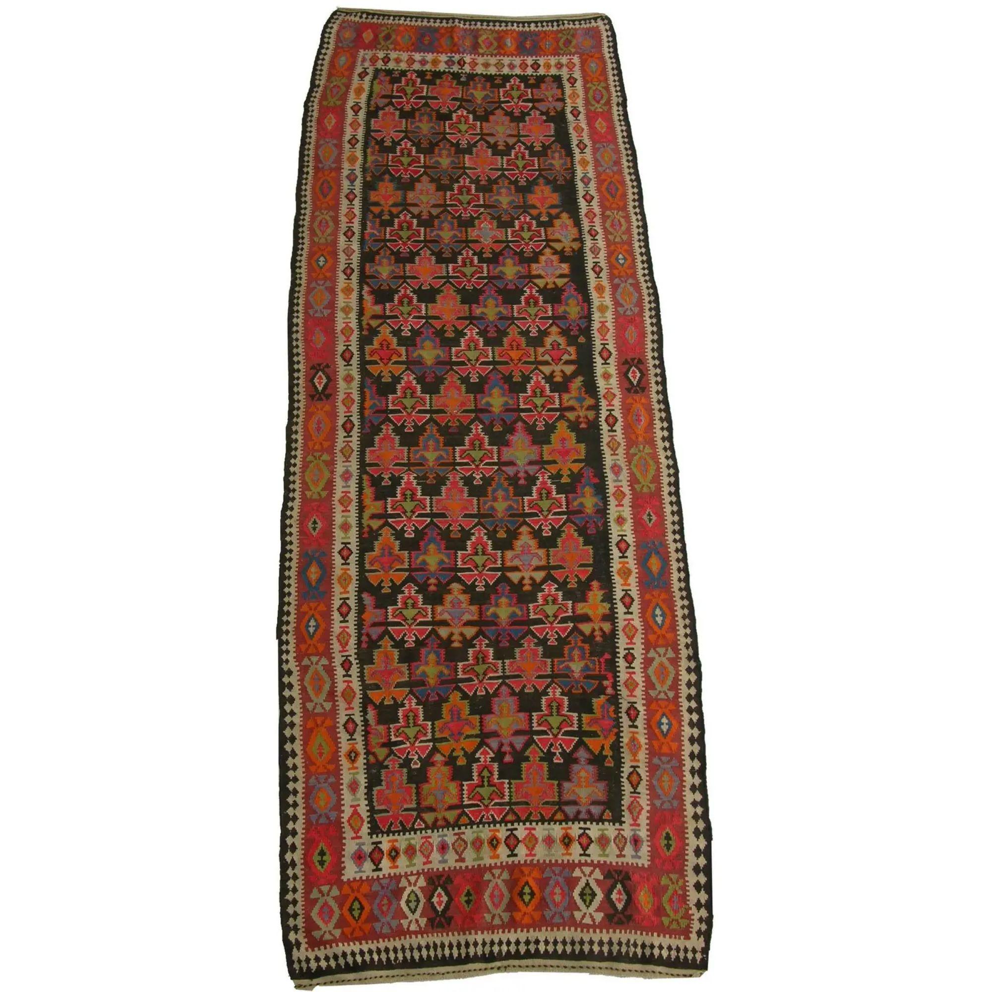 Early 20th Century Antique Kilim Geometric Runner Rug - 14'4'' X 4'10'' For Sale