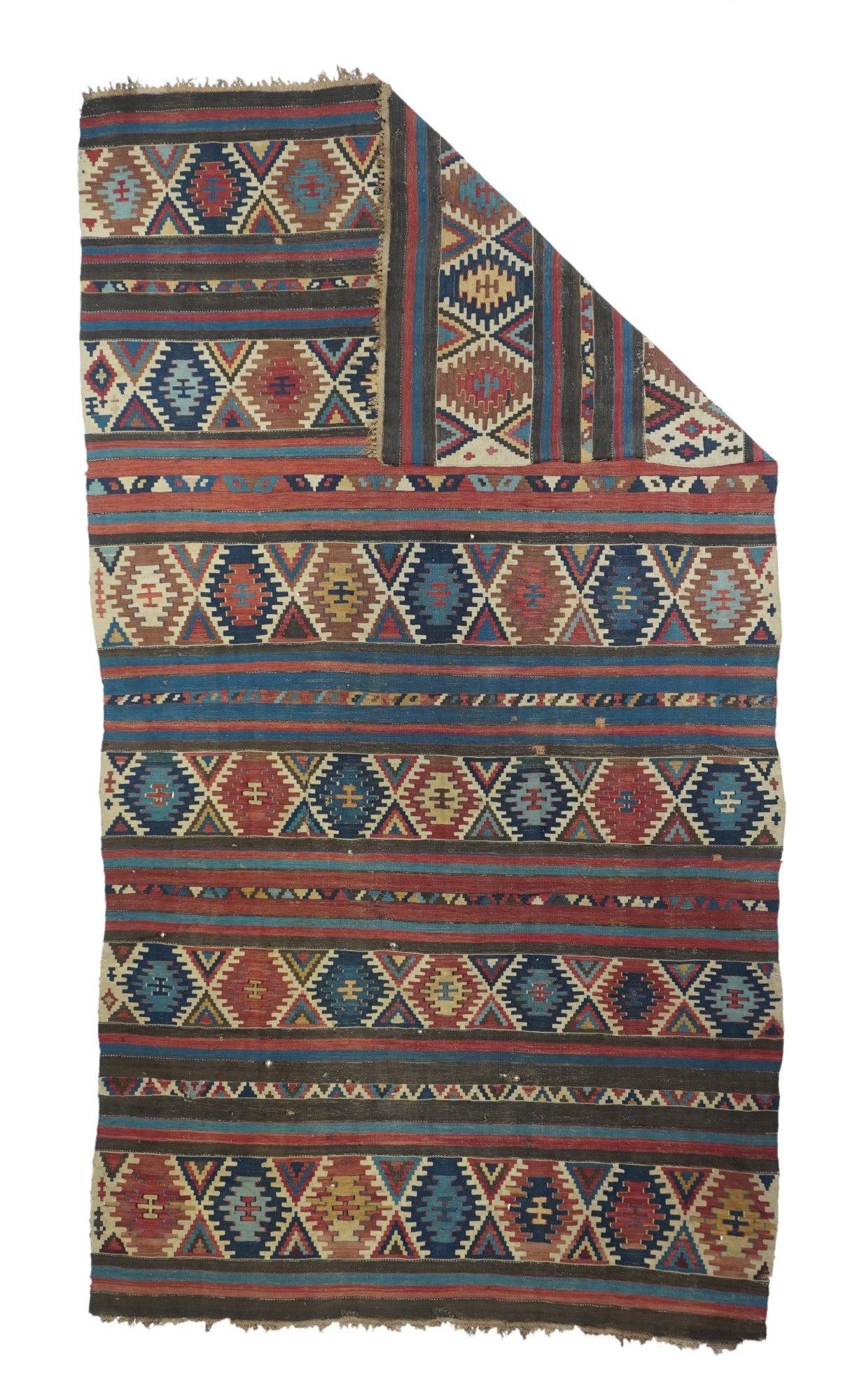 Antique Kilim Rug 5'9'' x 10'5''.  This characteristic east Caucasian slit-weave, all wool piece, shows six wide ecru horizontal bands with colorful ashik repeats, separated by trios of narrower stripes including plain light blue bands. Cris,