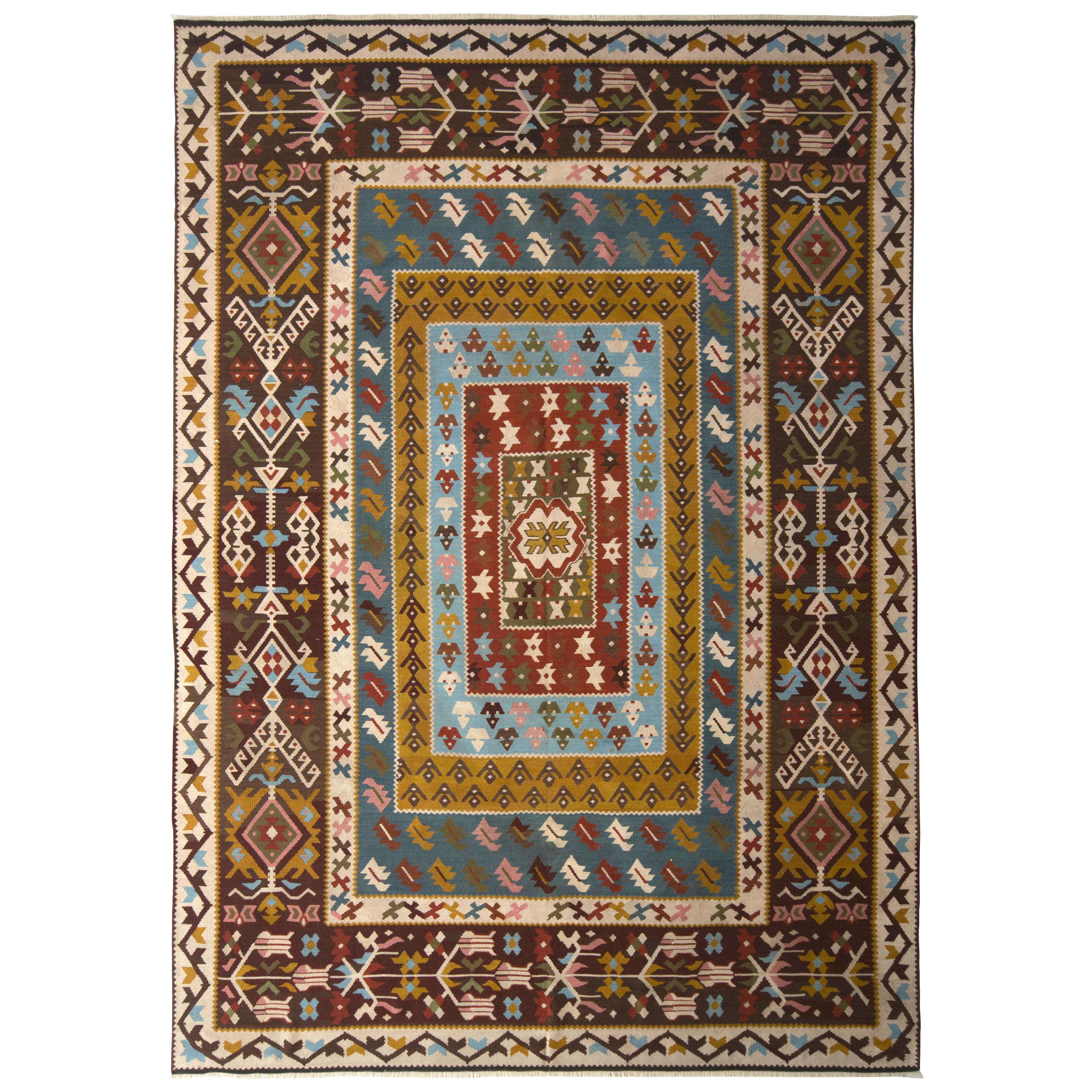 Antique Kilim Rug Blue and Beige Brown All-Over Geometric Pattern by Rug & Kilim