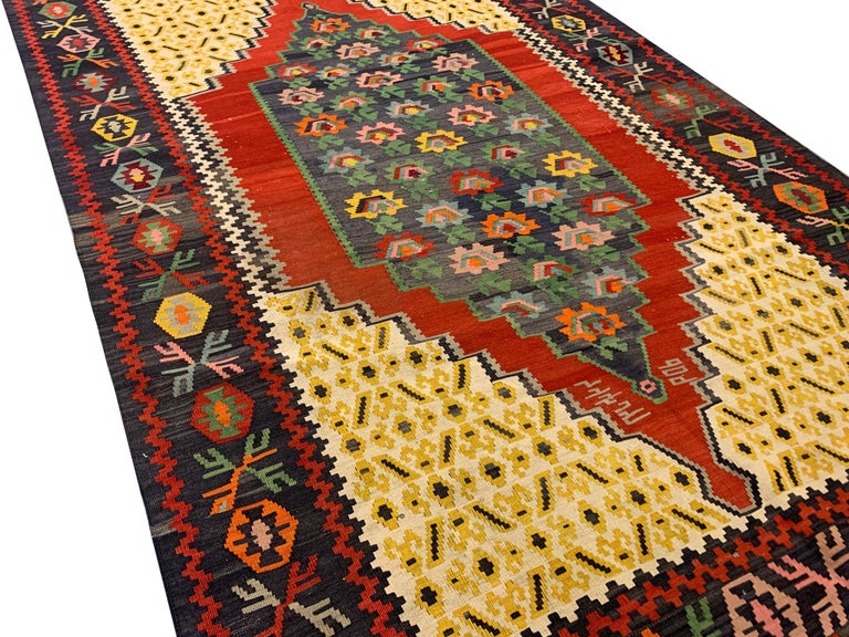 Turkish Antique Rugs, Yellow Kilim Rug Caucasian Geometric Karabagh Kilims Carpet  For Sale