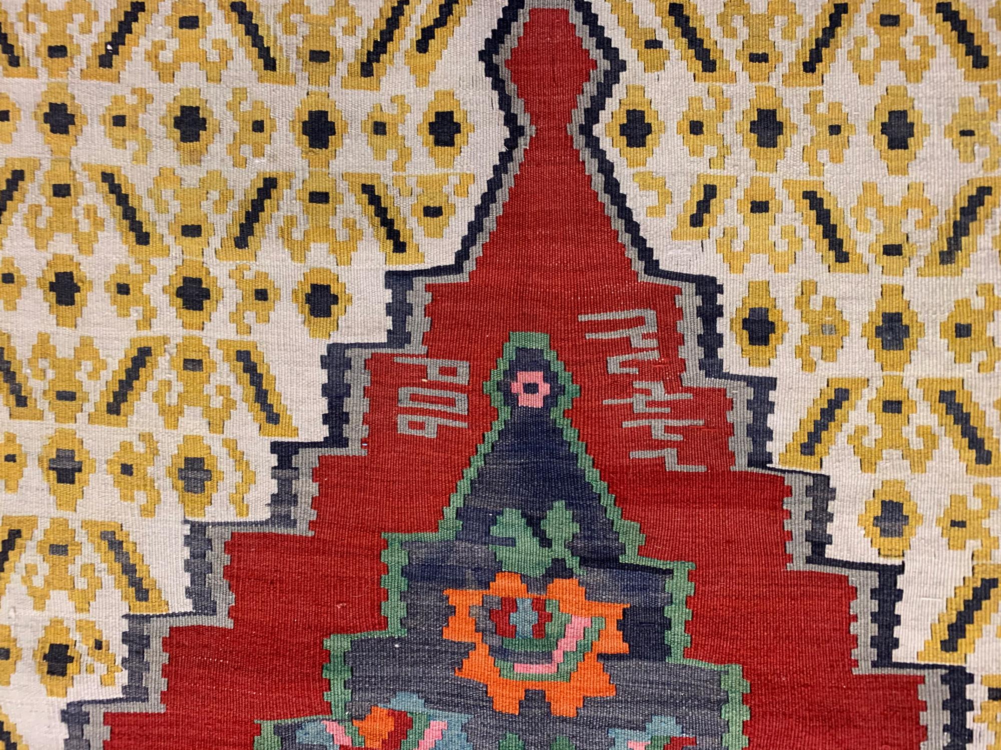 Organic Material Antique Rugs, Yellow Kilim Rug Caucasian Geometric Karabagh Kilims Carpet  For Sale