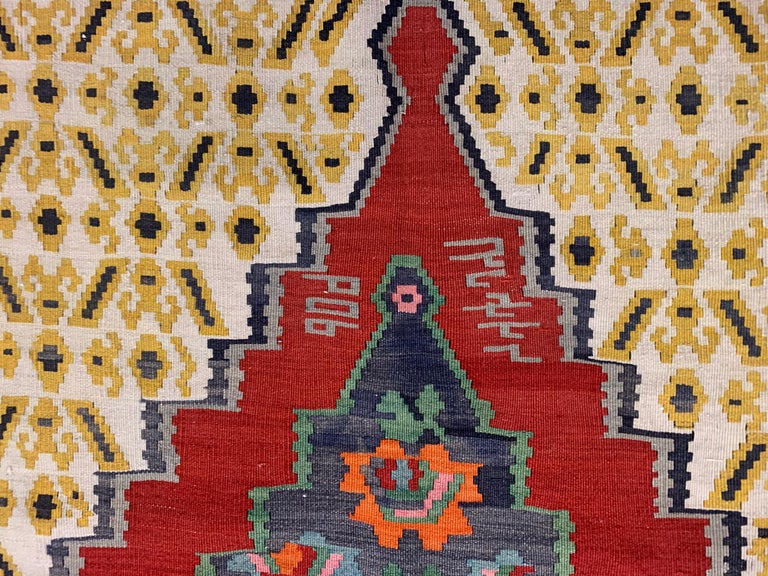 Wool Antique Rugs, Yellow Kilim Rug Caucasian Geometric Karabagh Kilims Carpet  For Sale
