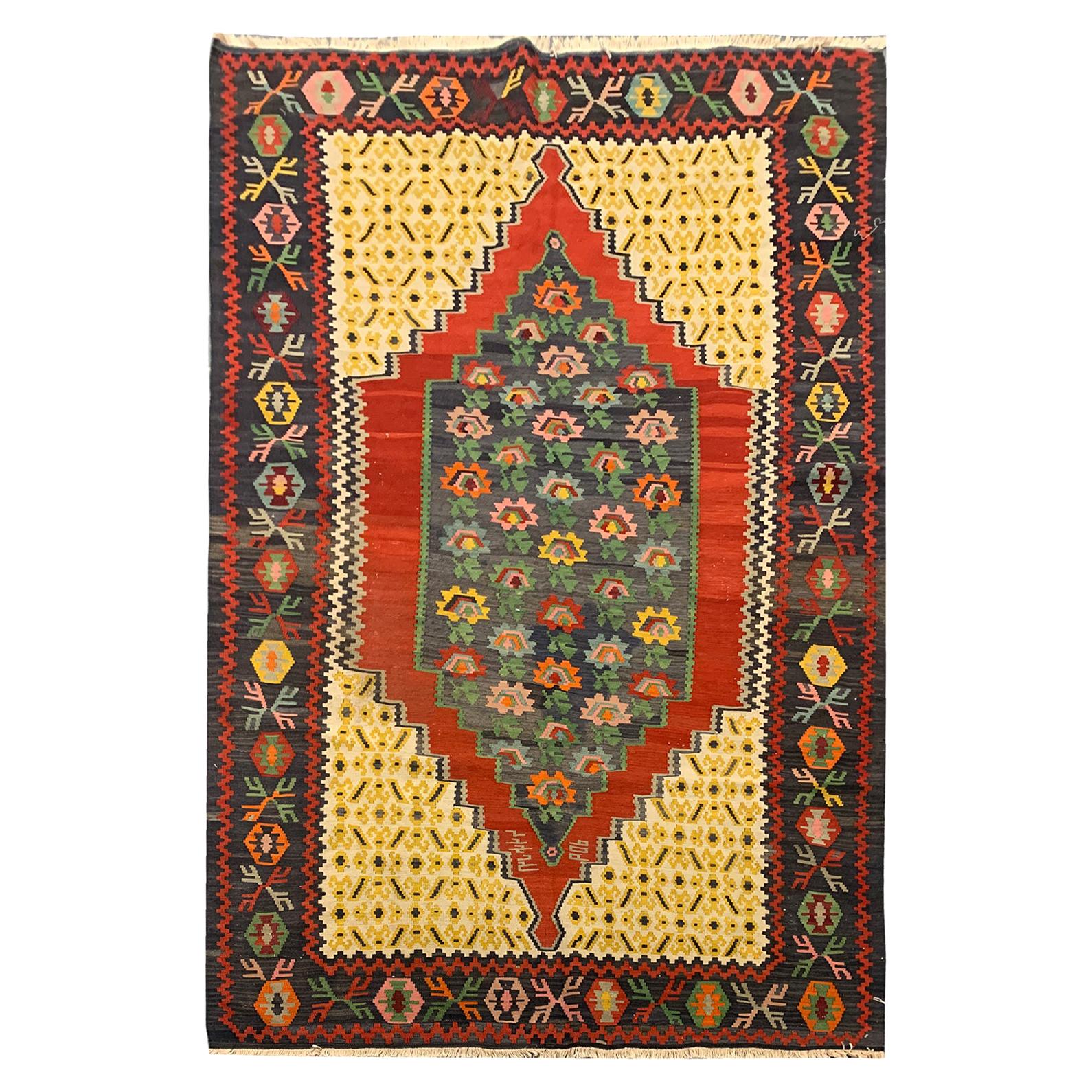 Antike Teppiche, gelber Kelim-Teppich, kaukasischer geometrischer Karabagh-Kelim-Teppich 