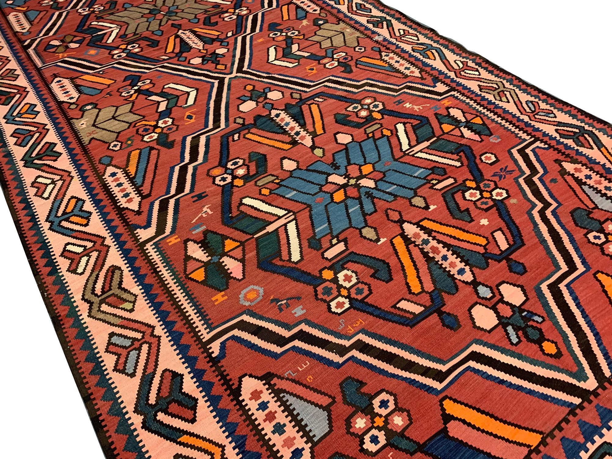 Early 20th Century Antique kilim Rug Caucasian Wool Geometric Kelim With Animal Pattern For Sale