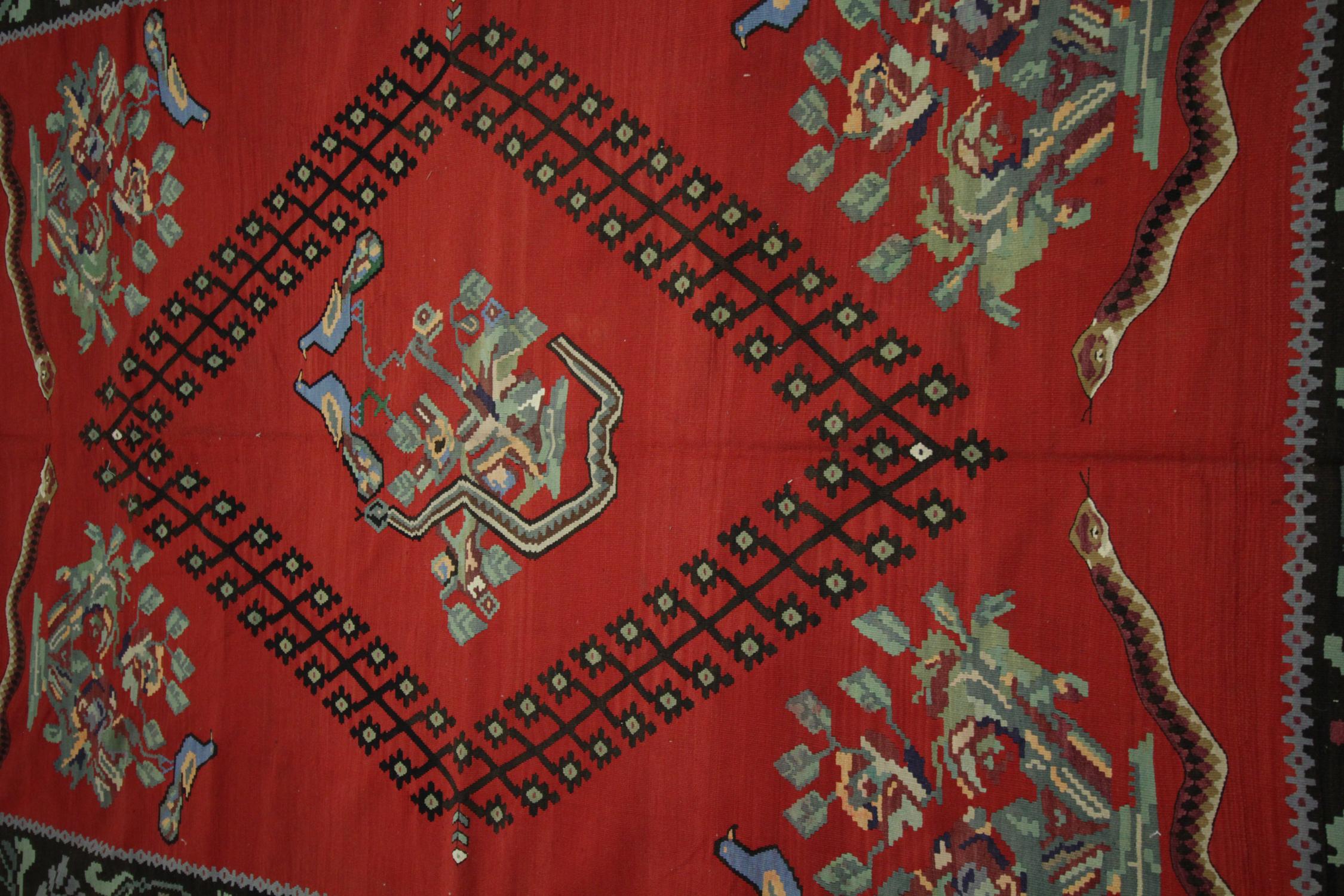 Azerbaijani Antique Kilim Rug Red Handwoven Carpet Caucasian Red Wool Kilims For Sale