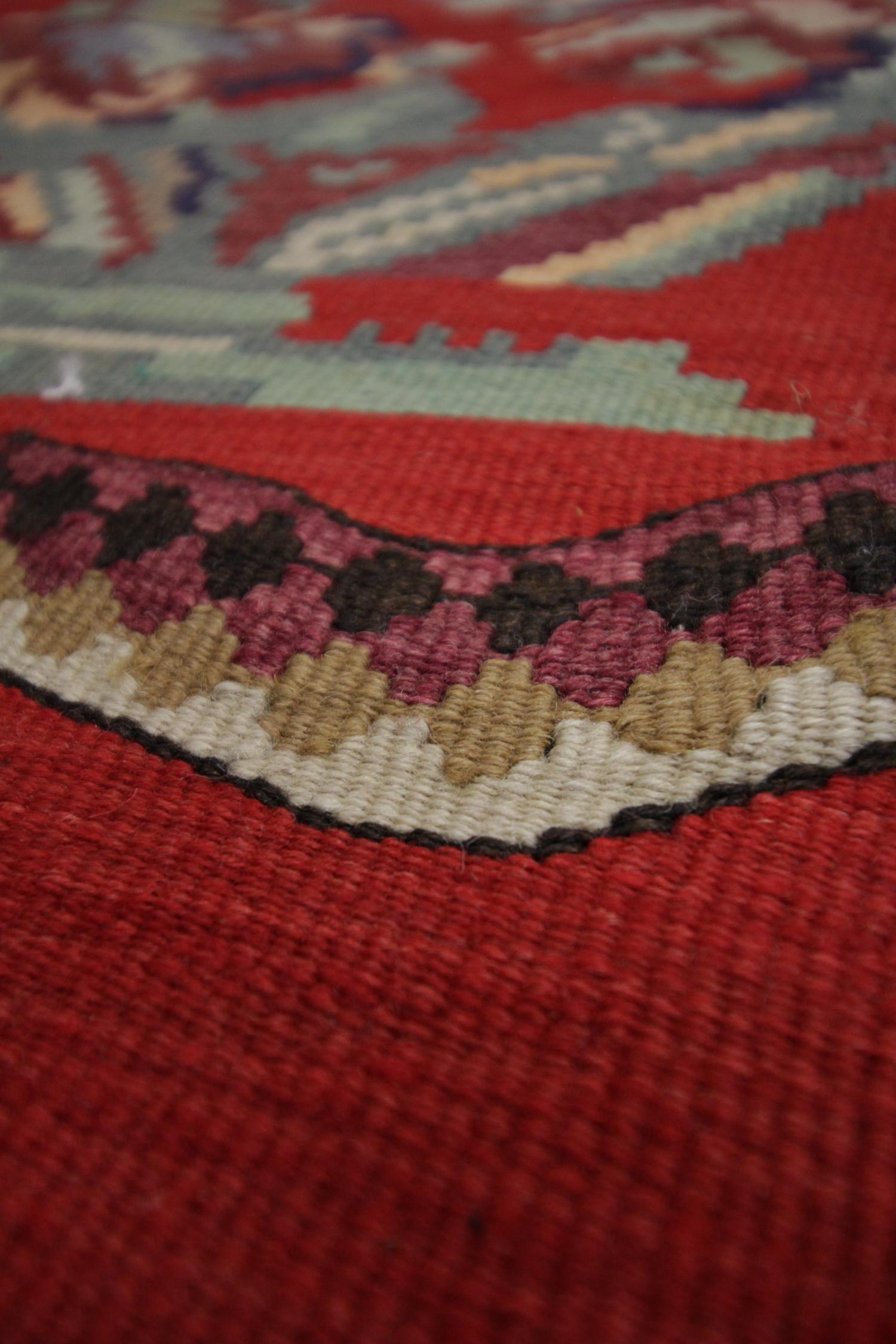 Antique Kilim Rug Red Handwoven Carpet Caucasian Red Wool Kilims In Excellent Condition For Sale In Hampshire, GB