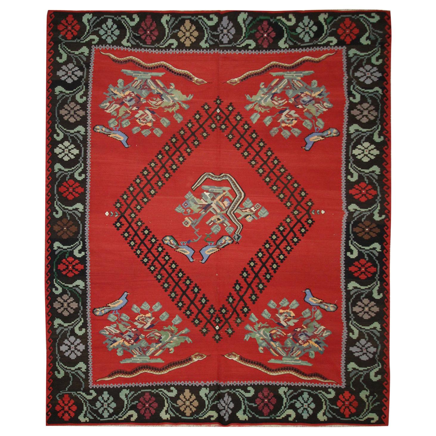Tappeto antico Kilim Rosso Tessuto a mano Tappeto caucasico in lana rossa Rug & Kilim